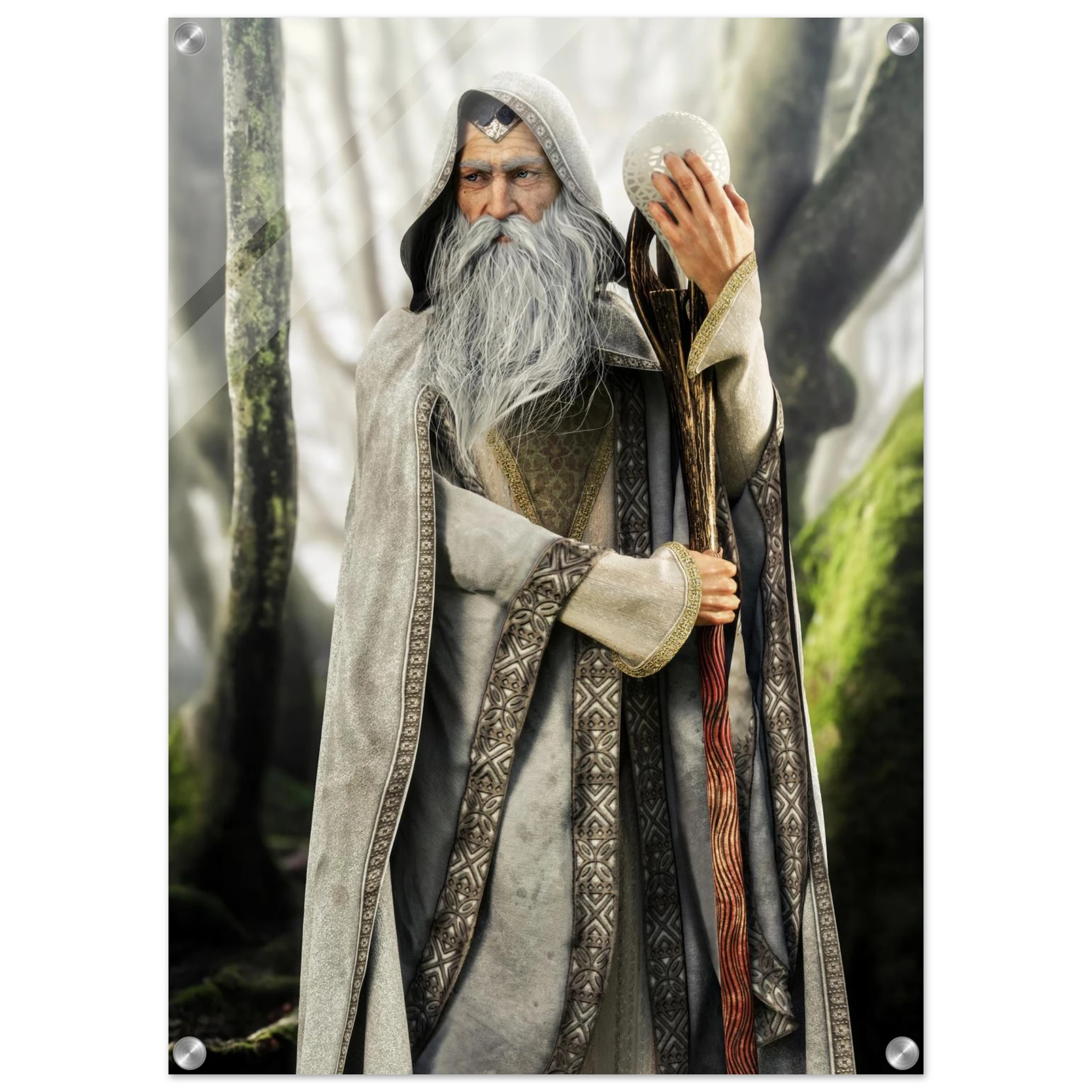 A vertical wall art print featuring an elderly wizard with a long white beard, wearing a gray and brown patterned robe, holding a staff and a glowing orb, set against a misty forest background. The print has grommets in the corners and is shown centered on a white background.