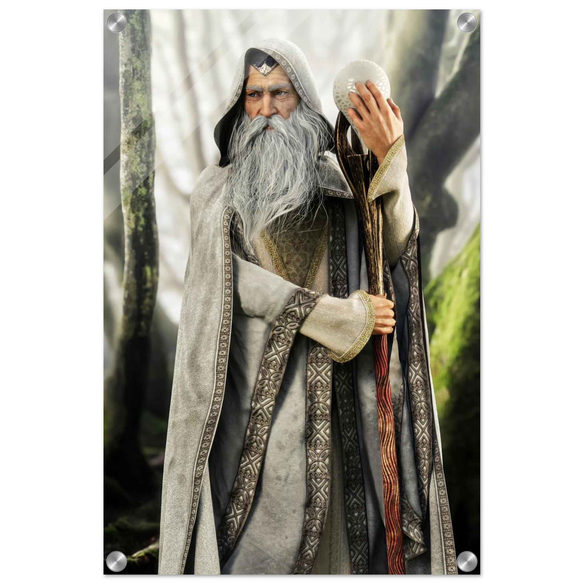 A printed panel or poster featuring an elderly wizard with a long gray beard, wearing a flowing gray robe and holding a staff and a white orb, set against a forest background. The panel has rounded corners and visible mounting holes, suggesting it is a physical print or wall art product.