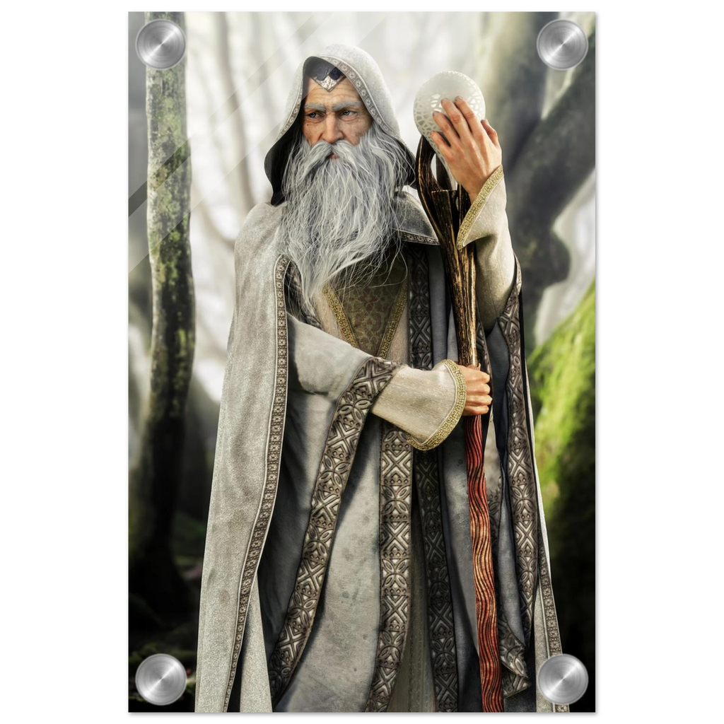 A collectible action figure of an elderly wizard with a long white beard and grey hooded robe, holding a staff and a glowing orb, set against a blurred forest background.