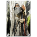 A collectible action figure of an elderly wizard with a long white beard and grey hooded robe, holding a staff and a glowing orb, set against a blurred forest background.