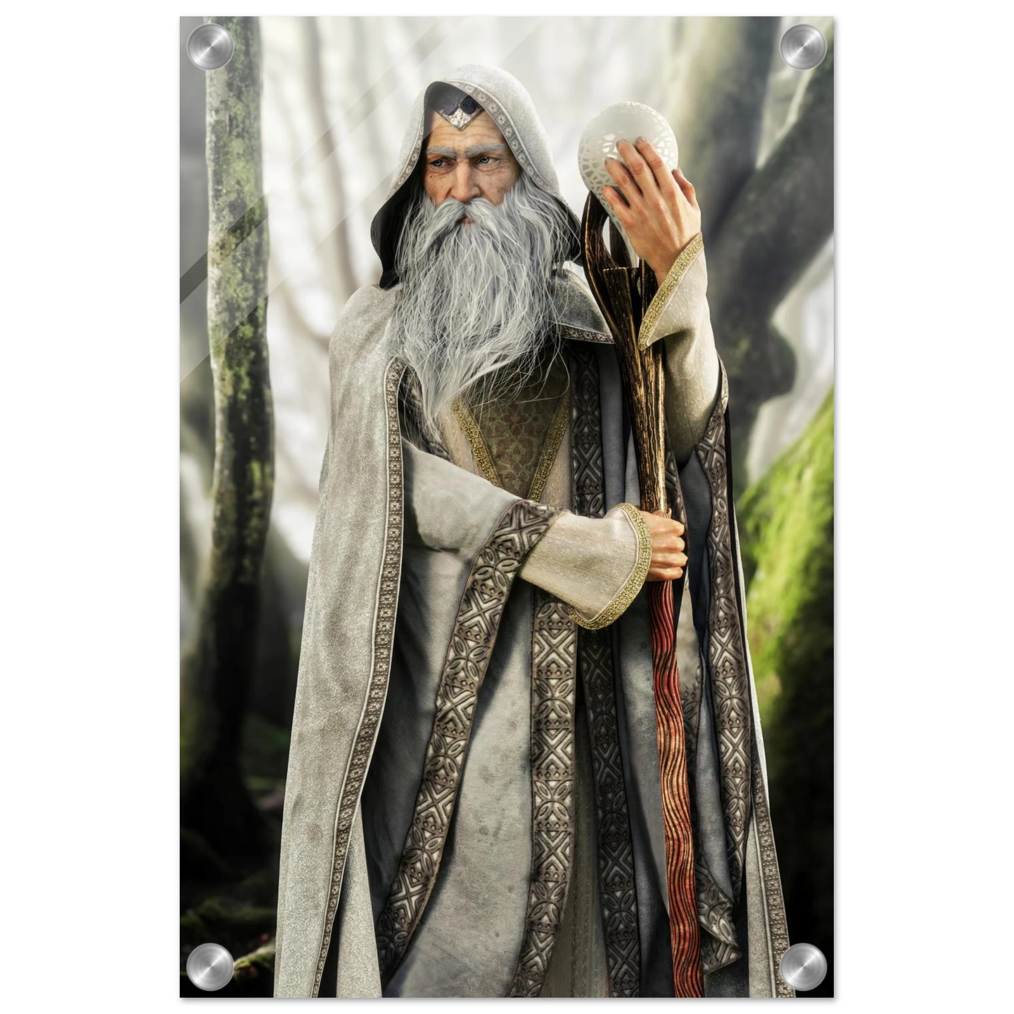 A vertical wall art print depicting an elderly wizard with a long white beard and hood, holding a staff and a white orb, set against a misty forest background. The print is shown with a white border and four silver metal mounting holes in the corners.
