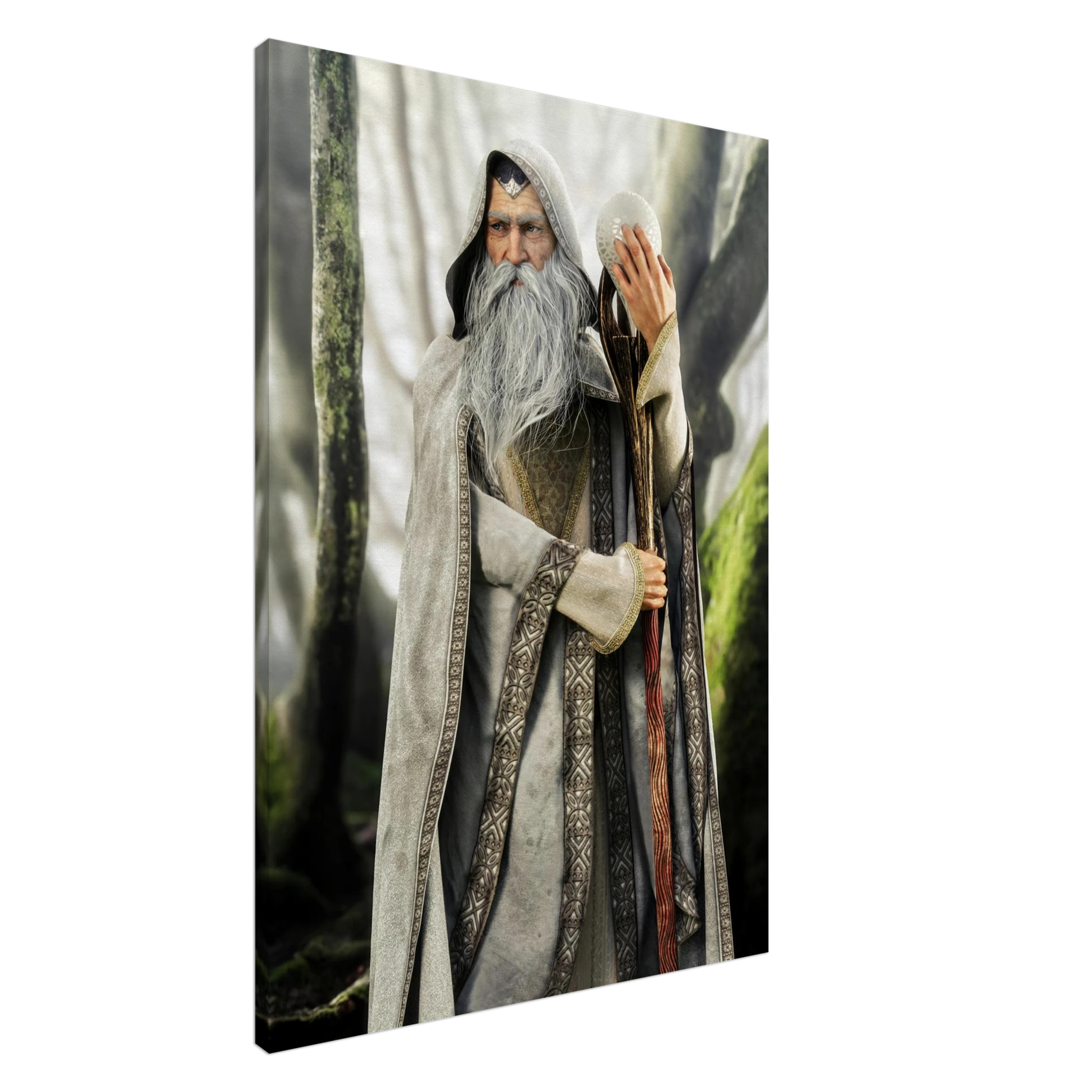 A vertical canvas wall art print depicting a fantasy scene of an elderly wizard with a long white beard, wearing a gray and brown robe, holding a staff, and touching his forehead with a white orb, set against a forest background.