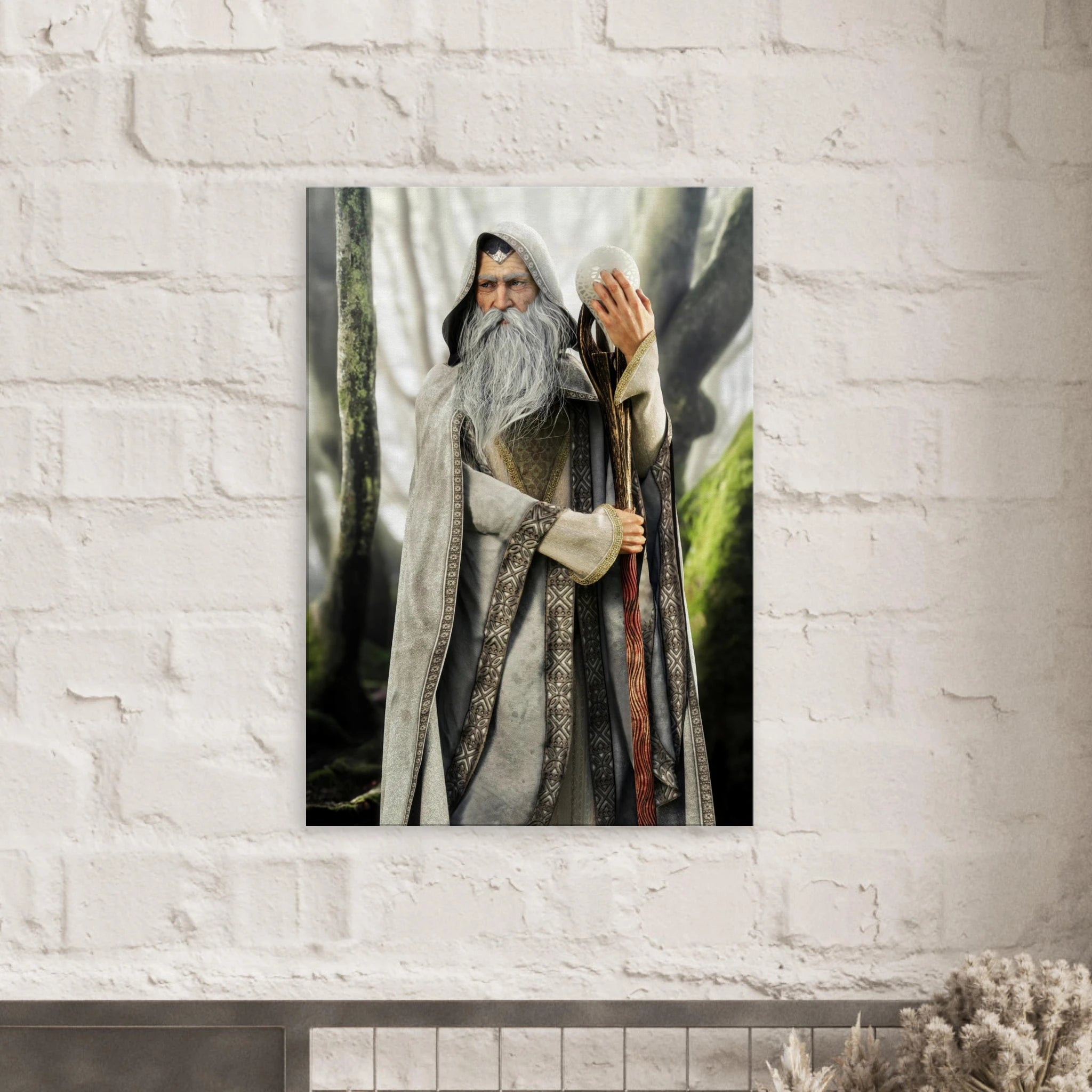 A vertical wall art print depicting a bearded wizard in a gray robe holding a staff, displayed on a white brick wall above a fireplace.