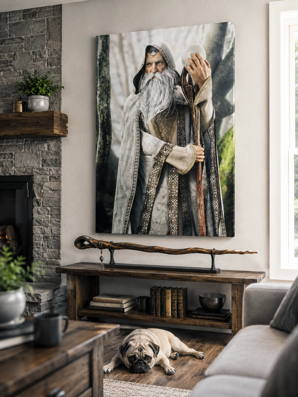 A large vertical canvas print of a bearded wizard in robes hanging on a wall in a living room, with a fireplace, console table, sofa, and a pug lying on the floor below.