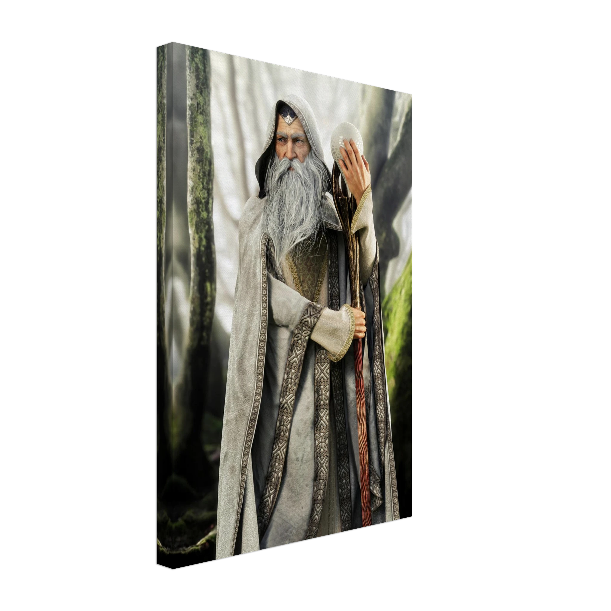 A vertical canvas wall art print depicting an elderly wizard with a long white beard, wearing a gray and black robe, holding a staff in a misty forest setting.