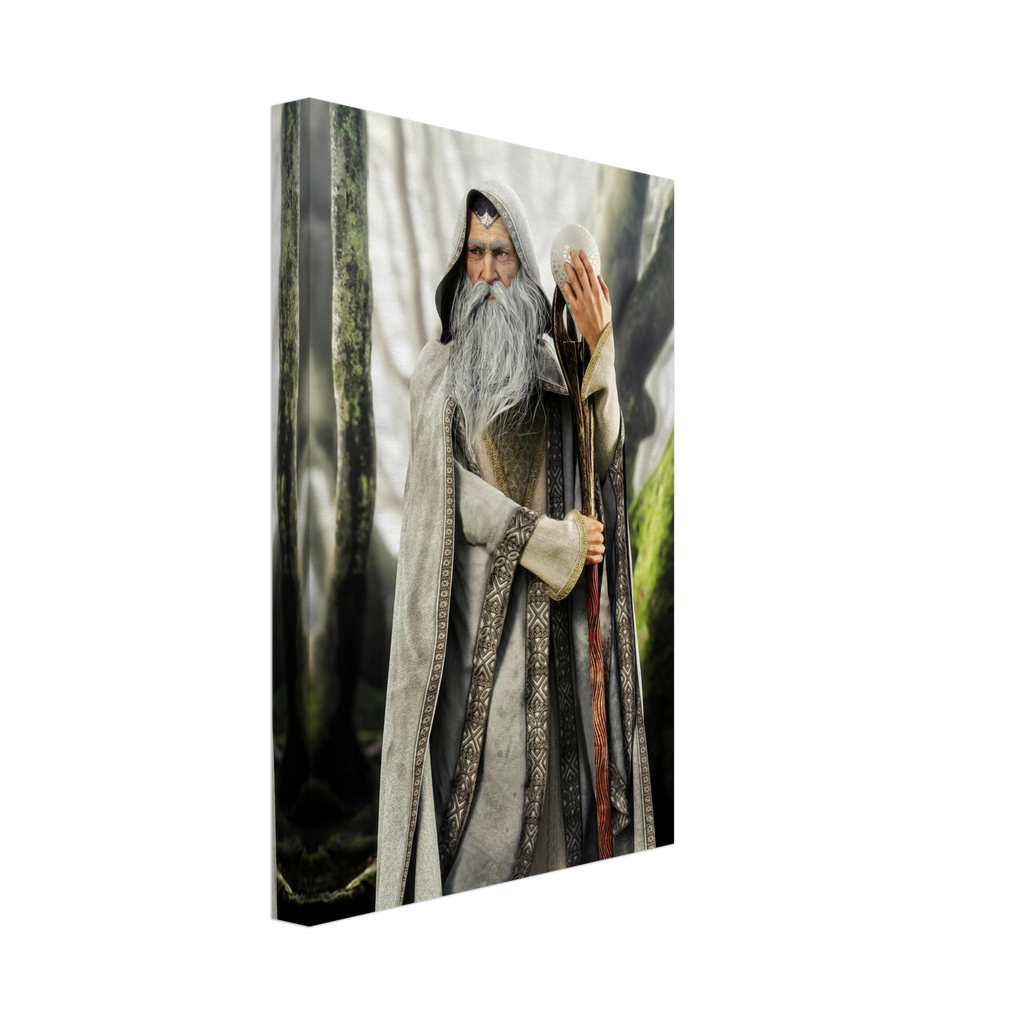 A vertical canvas wall art print showing an elderly wizard or elf-like figure in a long gray robe holding a staff, photographed against a plain white background.