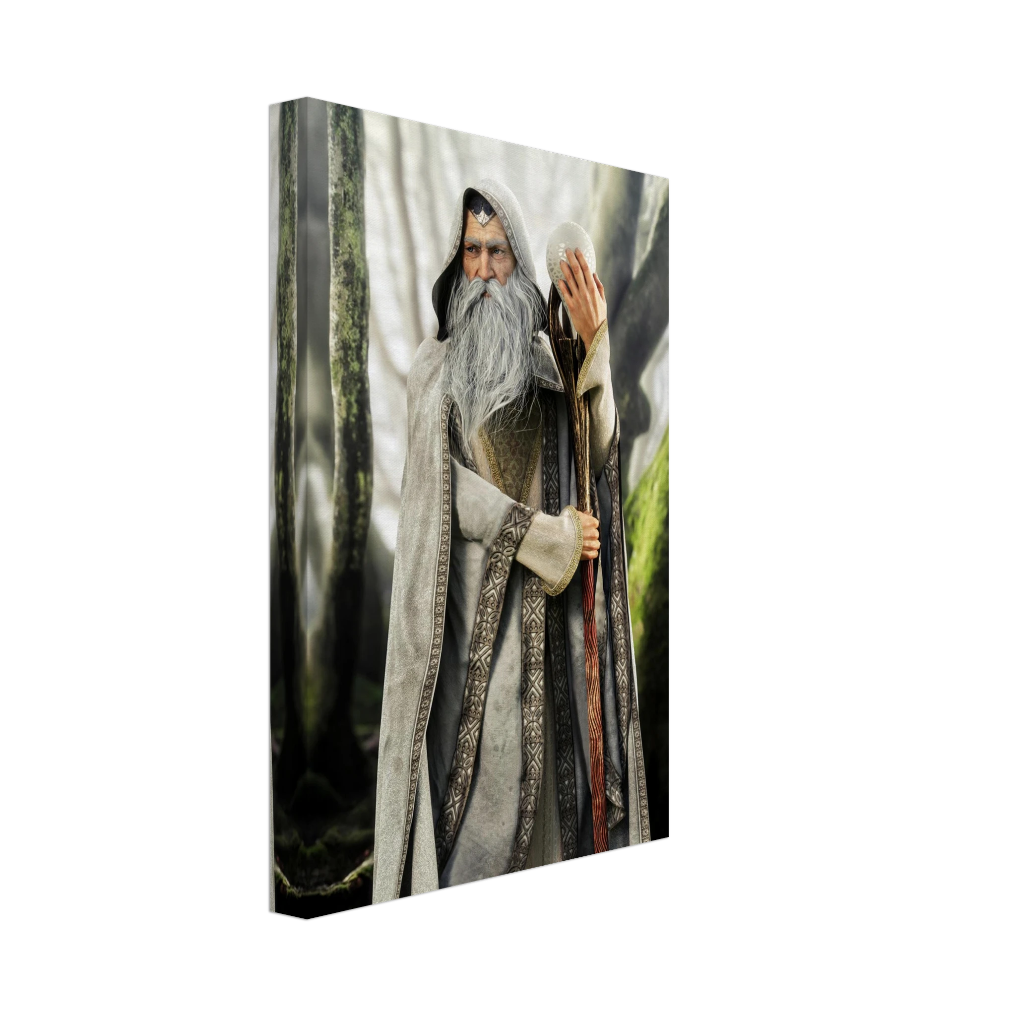 A vertical canvas wall art print showing an elderly wizard or elf-like figure in a long gray robe holding a staff, photographed against a plain white background.
