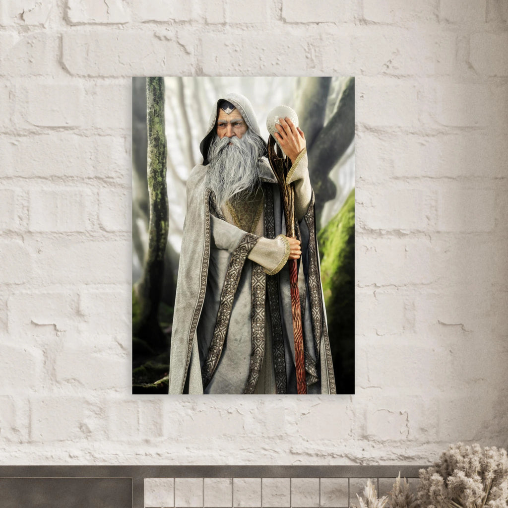 A vertical wall art print depicting a bearded wizard in a forest, displayed on a white brick wall above a mantel.