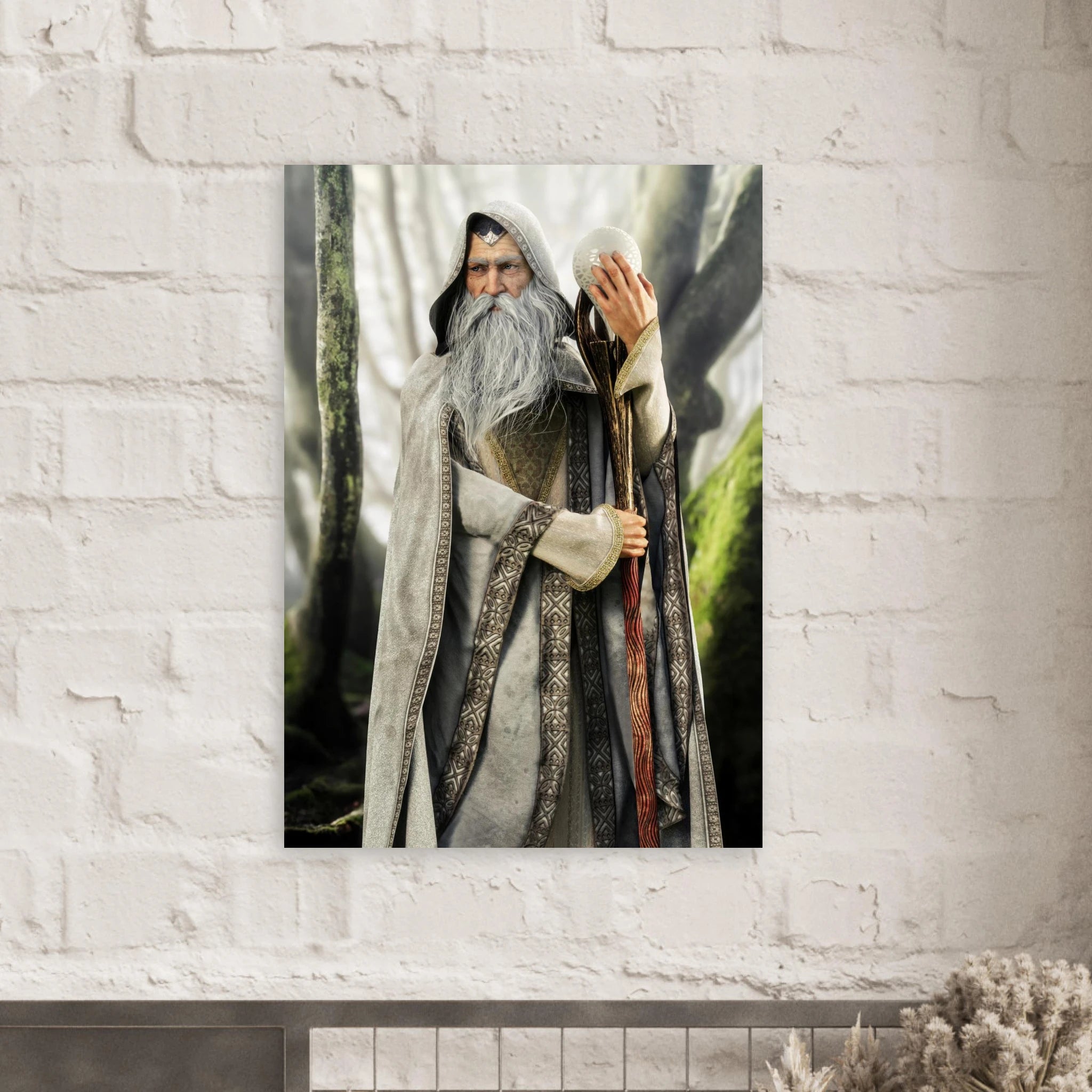 A vertical wall art print depicting a bearded wizard in a forest, displayed on a white brick wall above a mantel.