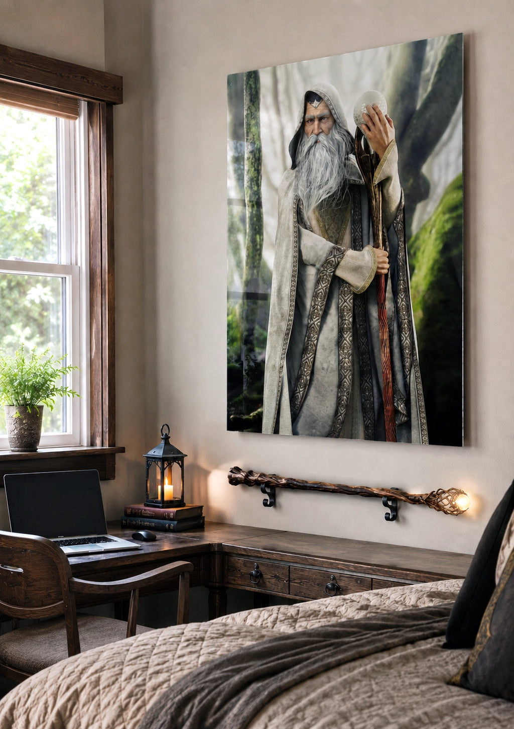 A large vertical wall art print depicting an elderly wizard with a long white beard and staff, shown hanging on a wall in a rustic bedroom setting with a bed, desk, window, and lantern.