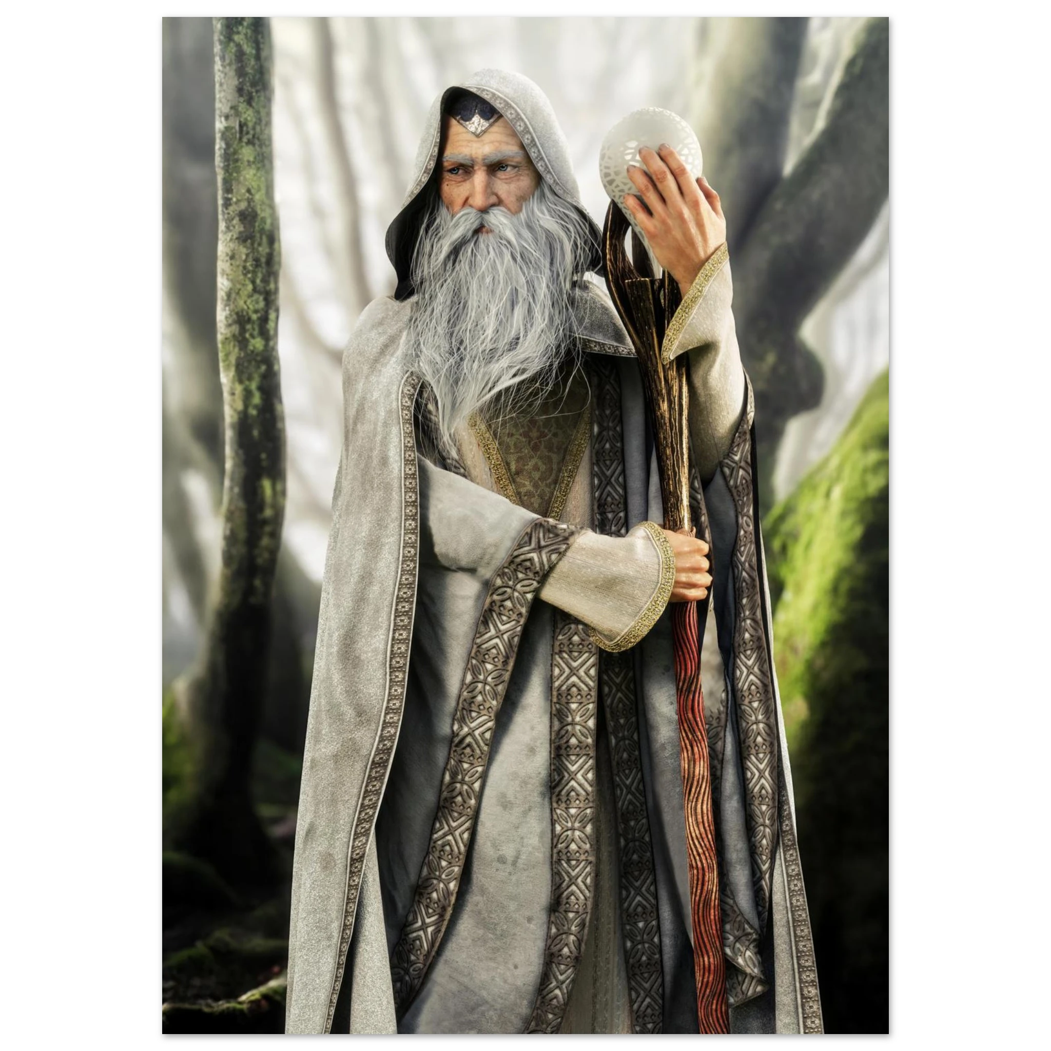 A detailed collectible figurine of a wizard with a long white beard and grey hooded cloak, holding a staff and a silver orb, set against a blurred forest background.