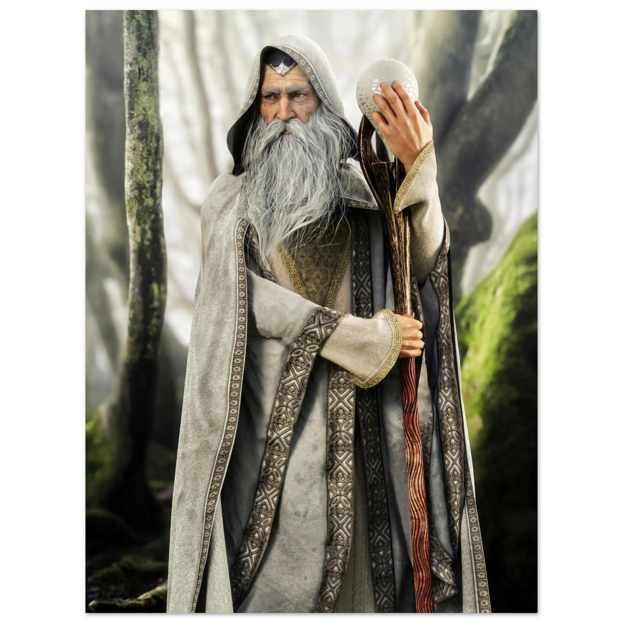 A fantasy wizard figure or collectible character wearing a long gray hooded robe with patterned trim, a white beard, and holding a staff and white orb, set against a blurred forest background.