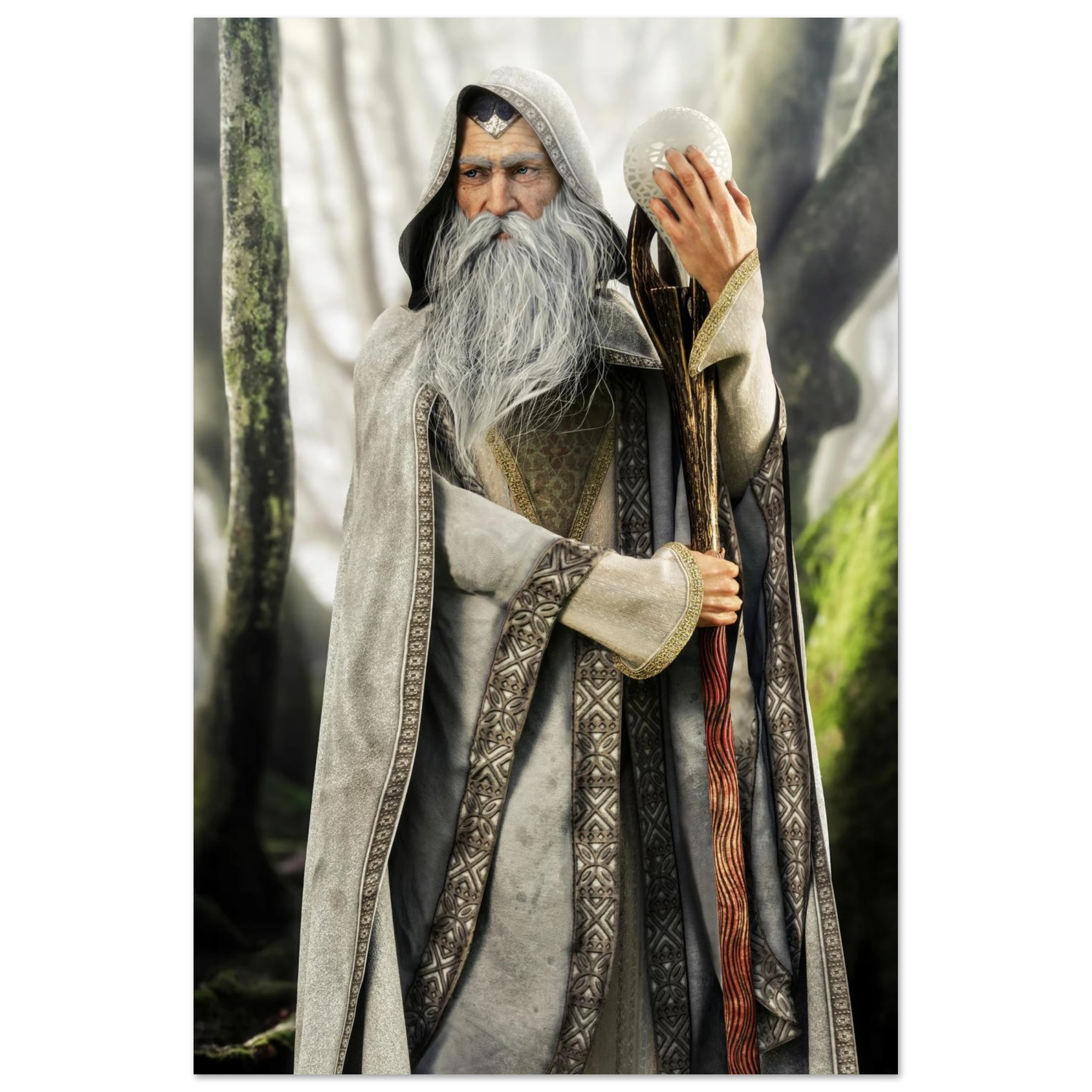 A fantasy wizard character wearing a long gray hooded robe with patterned trim, a white beard, and holding a staff topped with a glowing orb, set against a misty forest background.