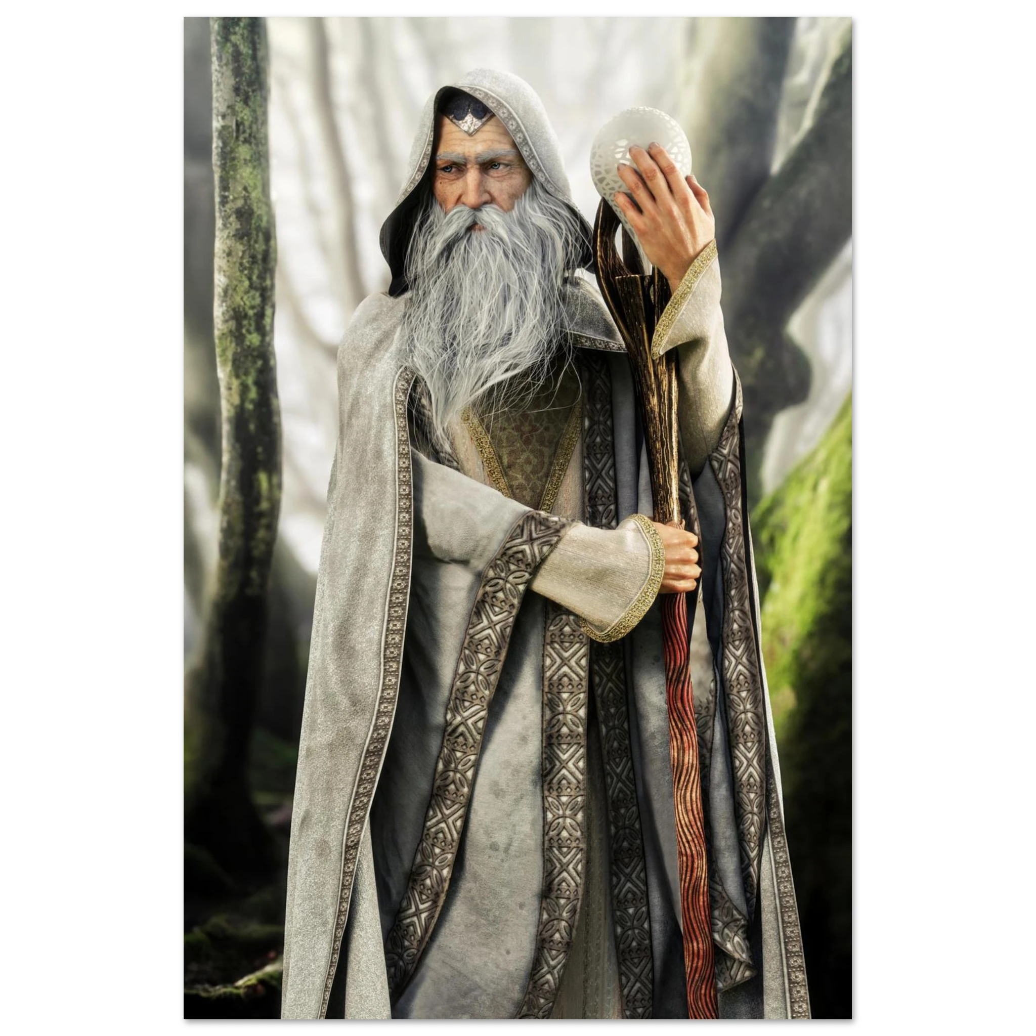 A fantasy character figure or collectible portrait of an elderly wizard with a long white beard, gray hood, and patterned cloak, holding a staff and a white orb, set against a blurred forest background.