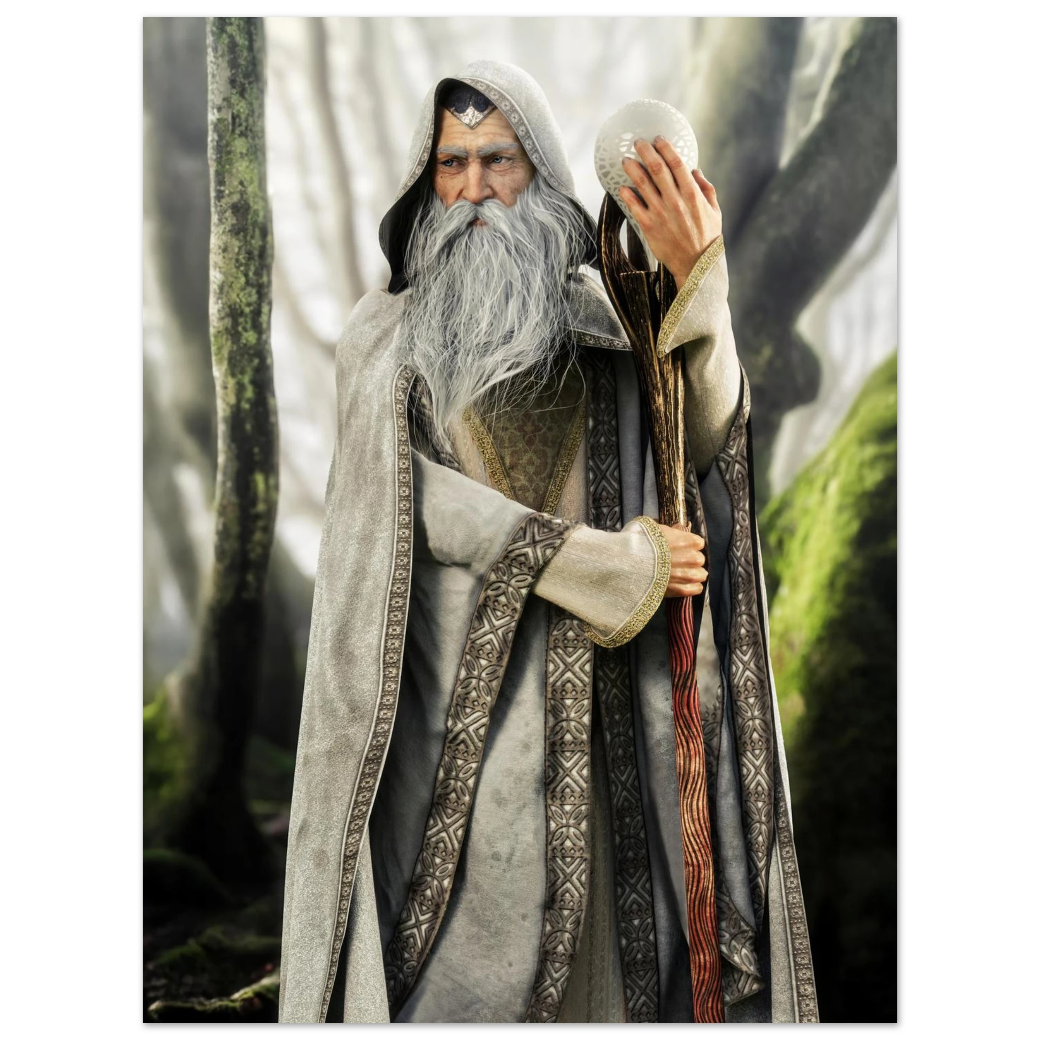 A fantasy wizard figure or collectible character wearing a long gray hooded robe with patterned trim, a white beard, and holding a staff and white orb, set against a blurred forest background.