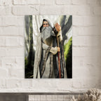A vertical wall art print depicting an elderly wizard with a long white beard and staff, shown hanging on a white brick wall above a mantel.