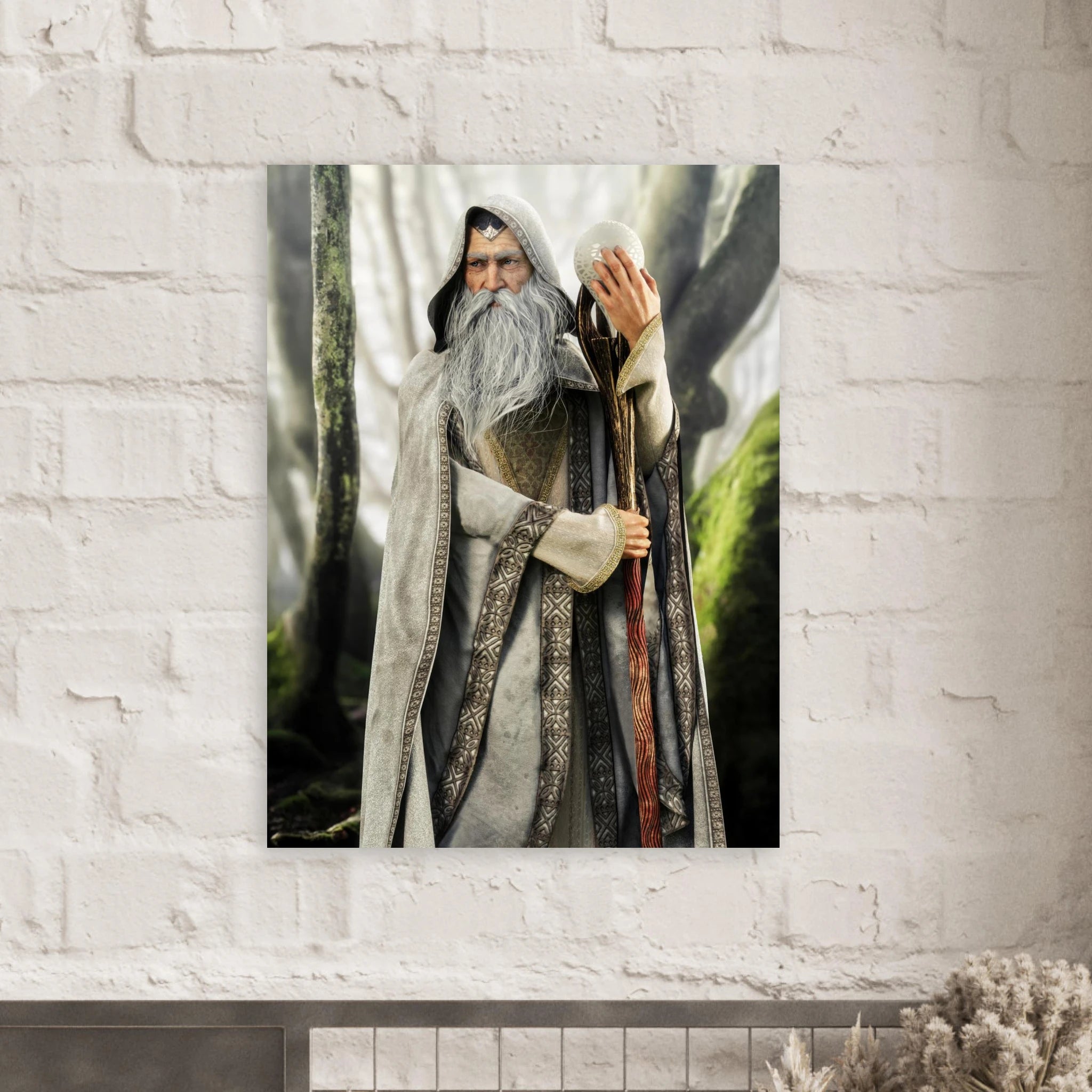 A vertical wall art print depicting an elderly wizard with a long white beard and staff, shown hanging on a white brick wall above a mantel.