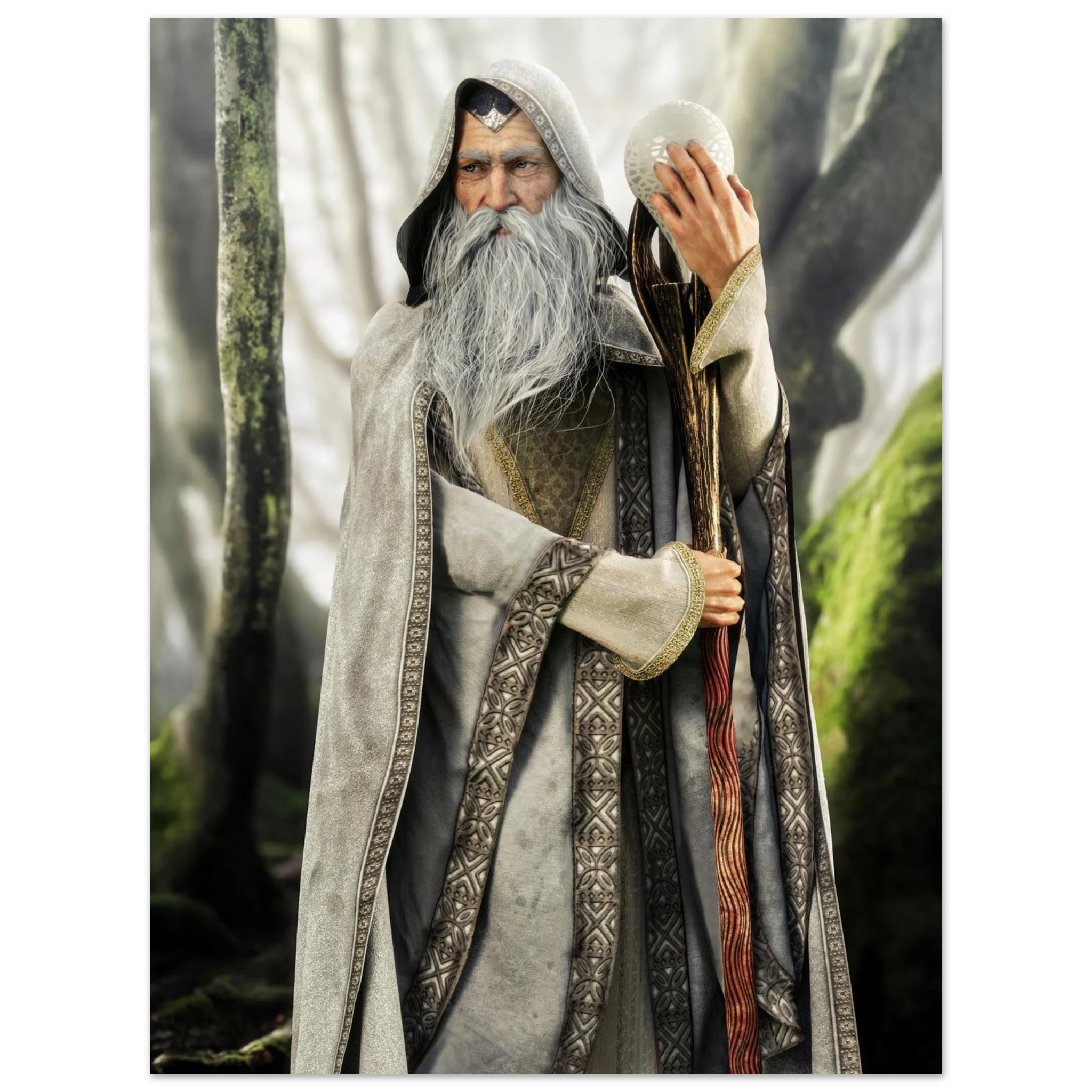 A detailed collectible figure of an elderly wizard with a long white beard, wearing a textured gray cloak and holding a staff, set against a forest backdrop.