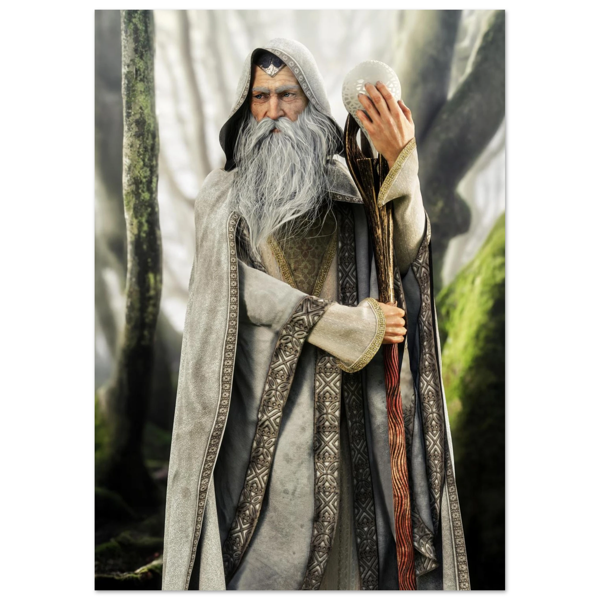 A fantasy wizard figure or collectible character wearing a long gray robe and hood, with a white beard, holding a staff and a white orb in a forest setting.