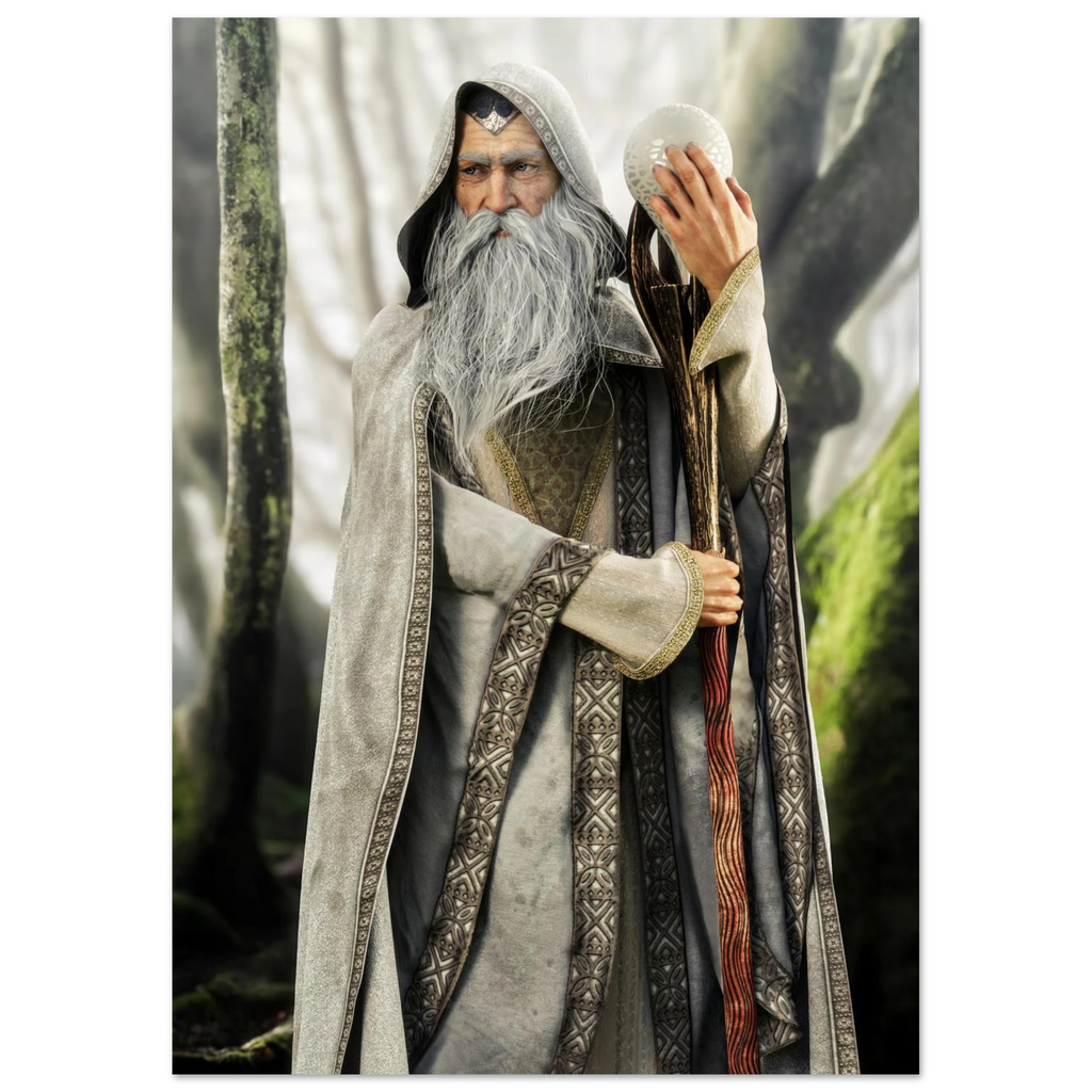 A fantasy wizard figure or collectible character wearing a long gray robe with patterned trim, a white beard, and a headpiece, holding a staff in a misty forest setting.