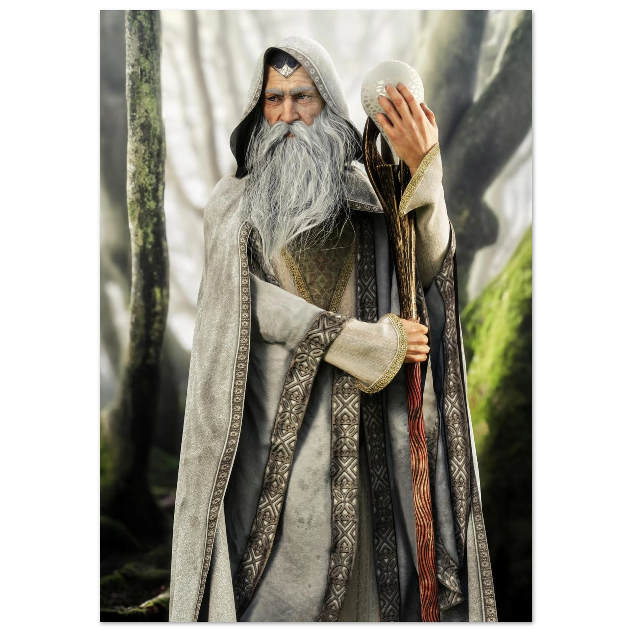 A fantasy wizard figure or collectible character wearing a long gray robe with patterned trim, a white beard, and a headpiece, holding a staff in a misty forest setting.