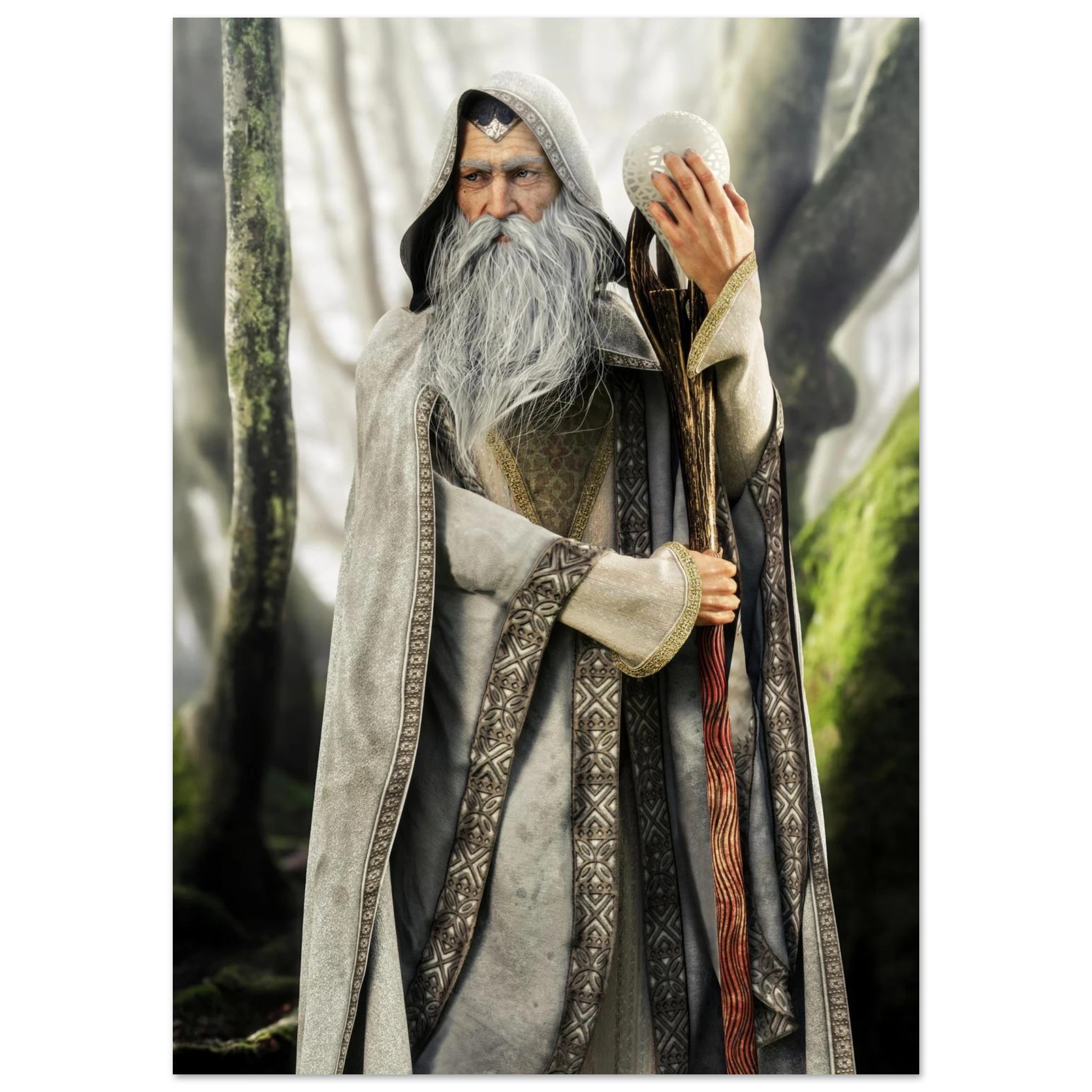 A detailed collectible figure of a wizard with a long white beard and hood, holding a staff and a white orb, set against a blurred forest background.