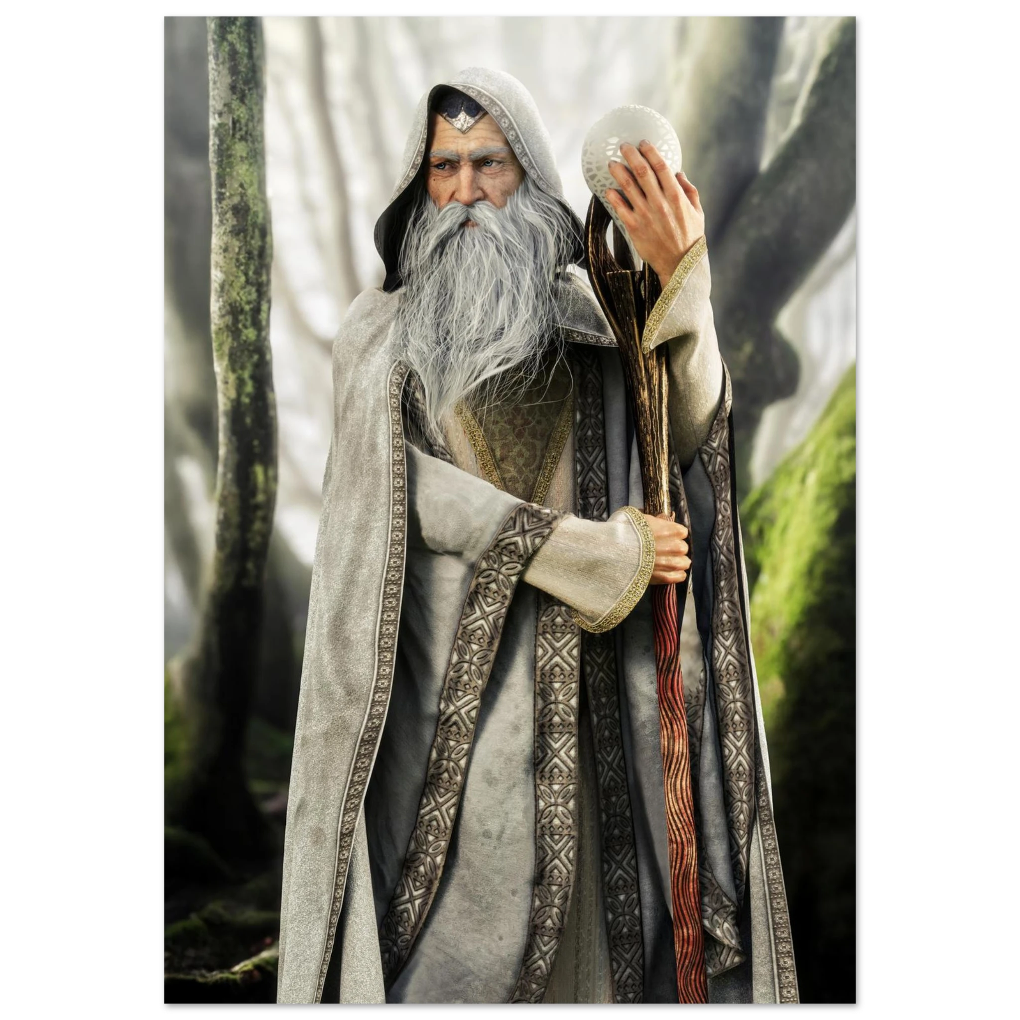 A fantasy wizard figure or collectible character wearing a long gray robe, white beard, and pointed hat, holding a staff and a white orb, set against a blurred forest background.