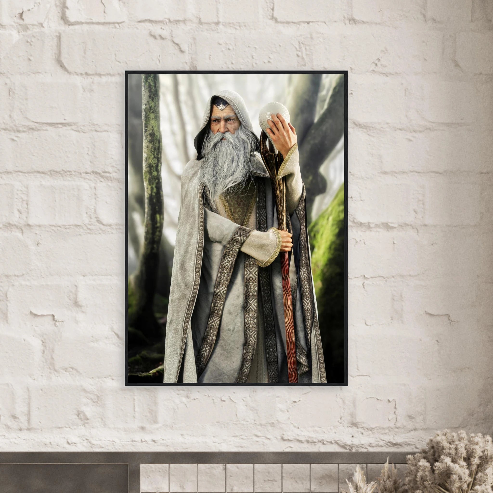 A framed vertical art print depicting a fantasy wizard with a long white beard and staff, hanging on a white brick wall above a mantel.