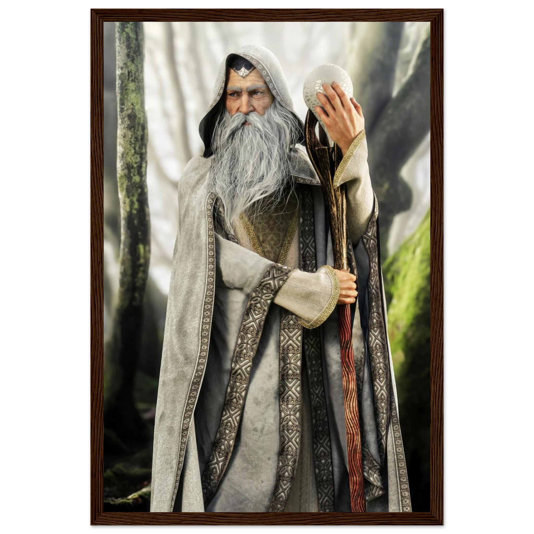 A framed art print depicting an elderly wizard with a long white beard and headpiece, holding a staff and a glowing orb, set against a misty forest background.