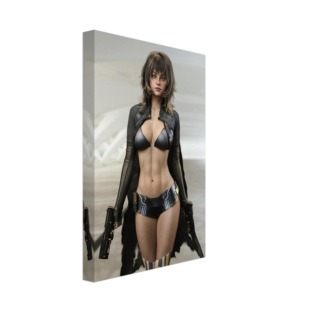 A vertical canvas wall art print showing a stylized female character in a black outfit against a pale gray background, photographed at a slight angle on a white studio background.