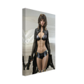 A vertical canvas wall art print showing a stylized female character in a black outfit against a pale gray background, photographed at a slight angle on a white studio background.