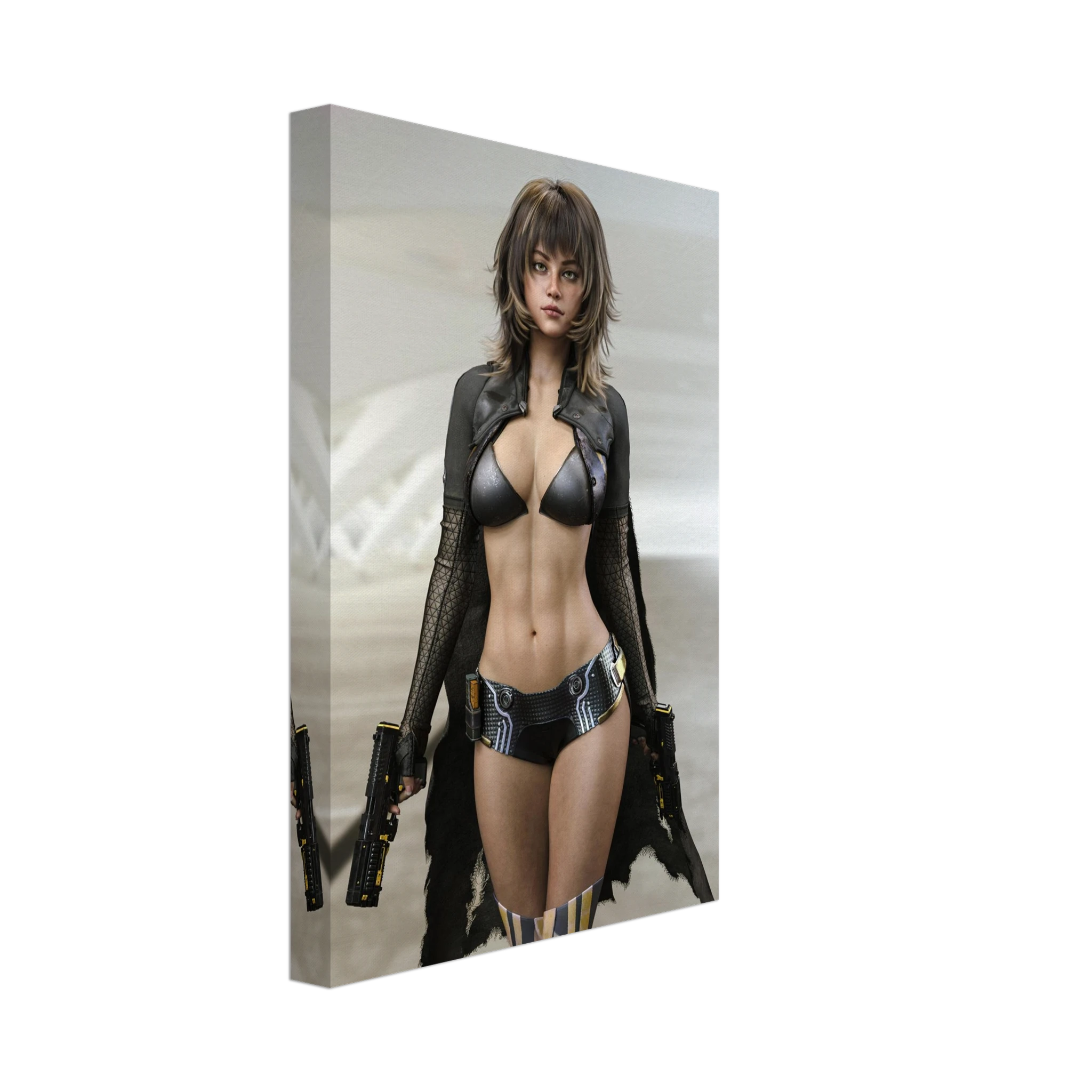 A vertical canvas wall art print showing a stylized female character in a black outfit against a pale gray background, photographed at a slight angle on a white studio background.