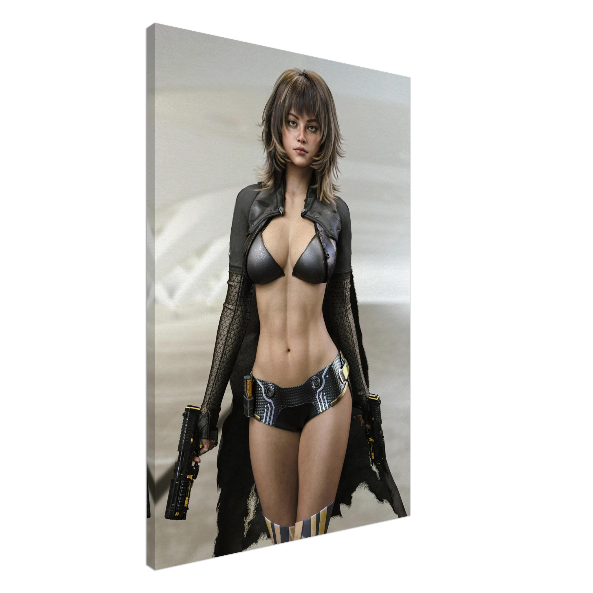 A vertical canvas wall art print showing a stylized female character in a black futuristic outfit, photographed at an angle against a plain white background.