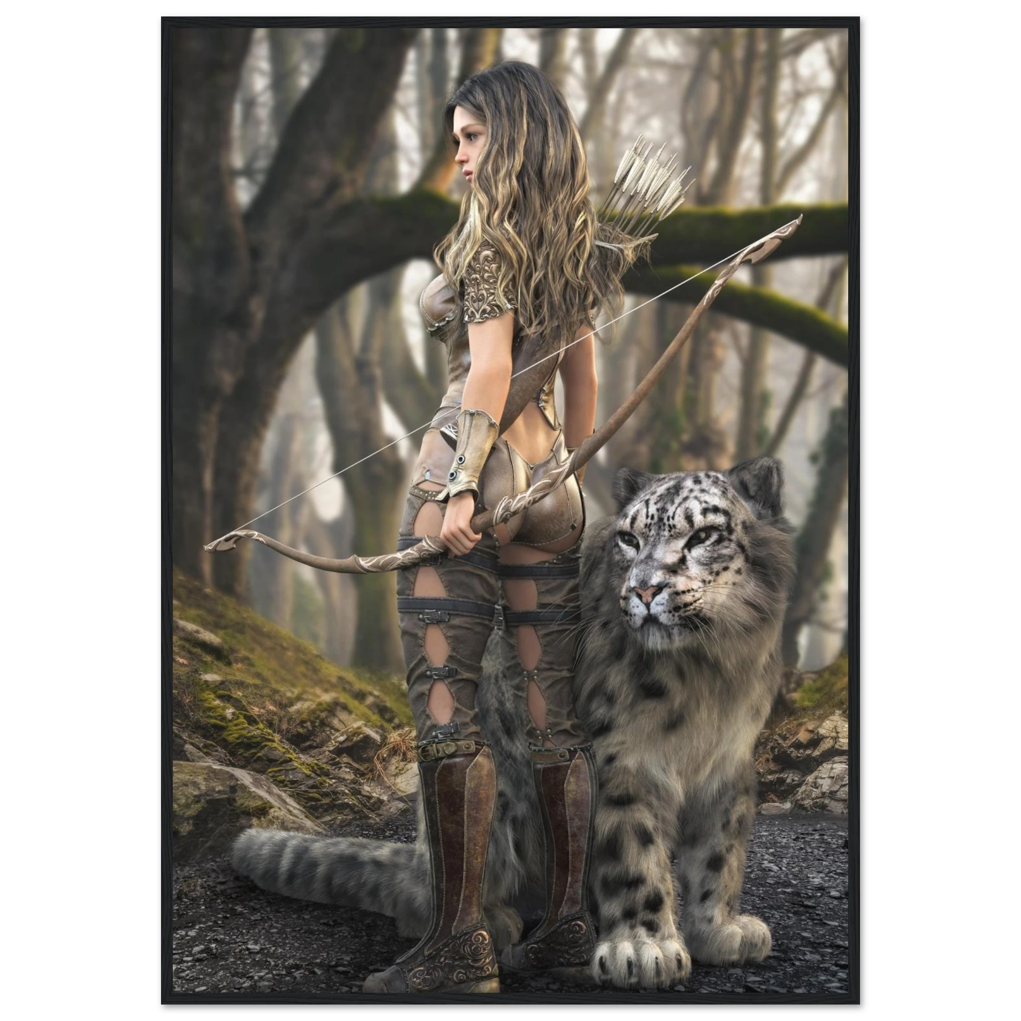 A framed art print depicting a fantasy scene of a female archer with a bow and arrow standing beside a snow leopard in a misty forest.