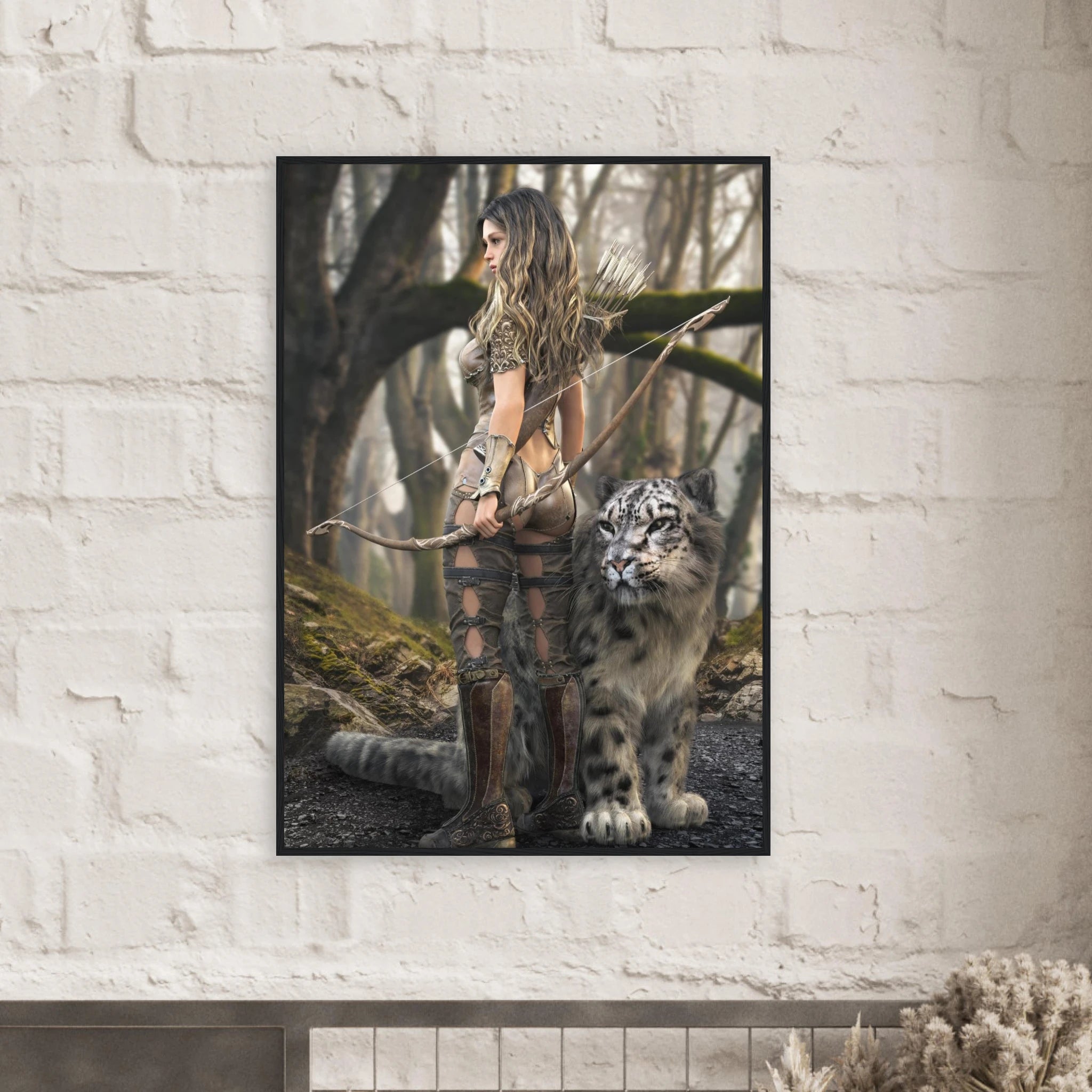 A framed vertical art print depicting a fantasy scene of a woman archer with a bow and a snow leopard in a misty forest, displayed on a white brick wall above a fireplace.
