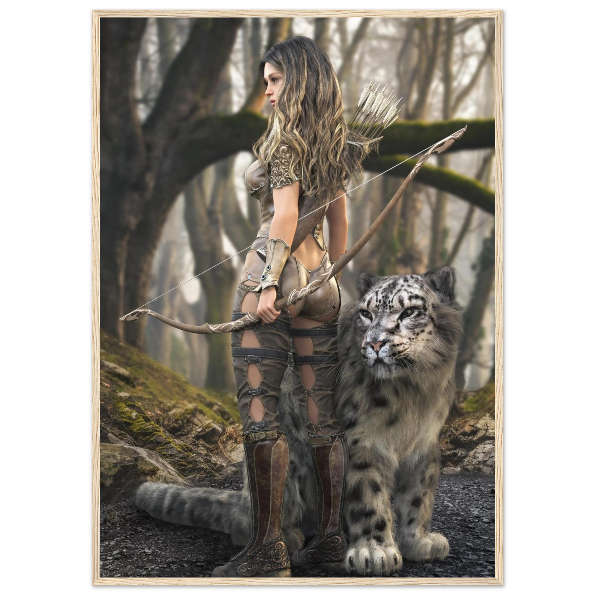 A framed art print depicting a fantasy scene of a woman archer with a bow and arrow standing beside a snow leopard in a misty forest, enclosed in a light wood frame.