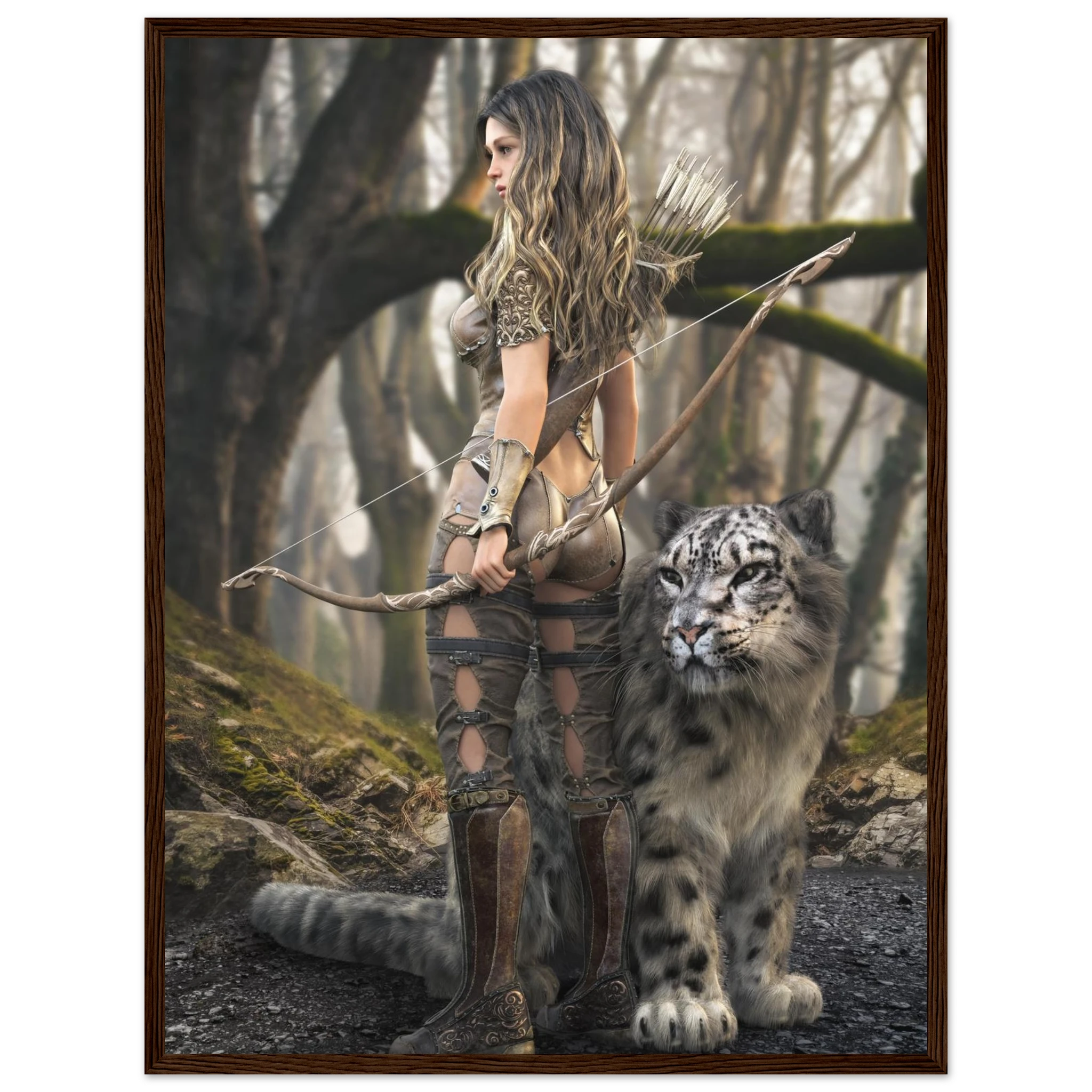 A framed fantasy art print depicting a woman archer with a bow standing beside a snow leopard in a misty forest, enclosed in a dark brown wooden frame.