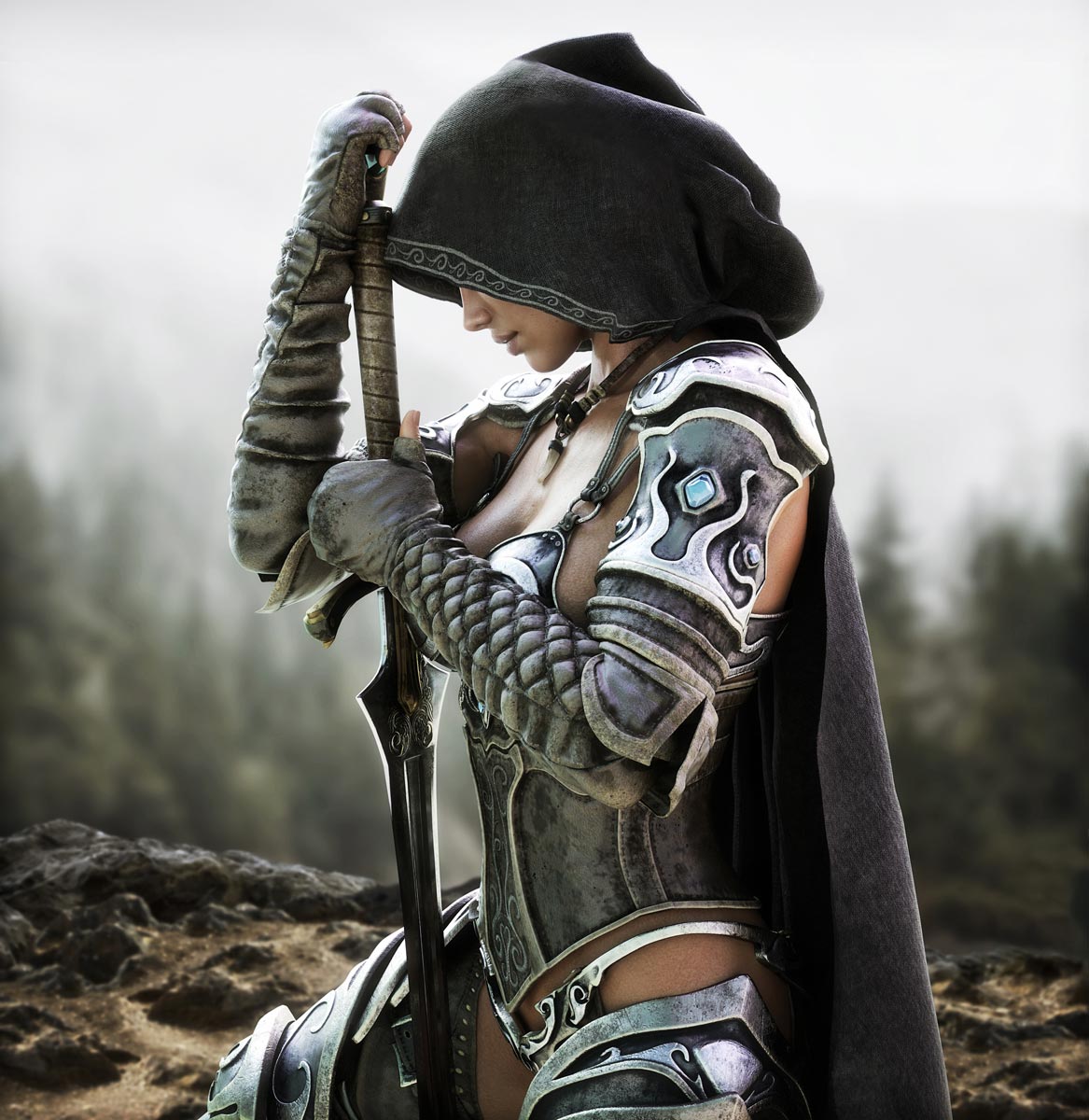 Hooded female warrior in ornate medieval armor holding a sword, high-resolution dark fantasy digital download printable wall art