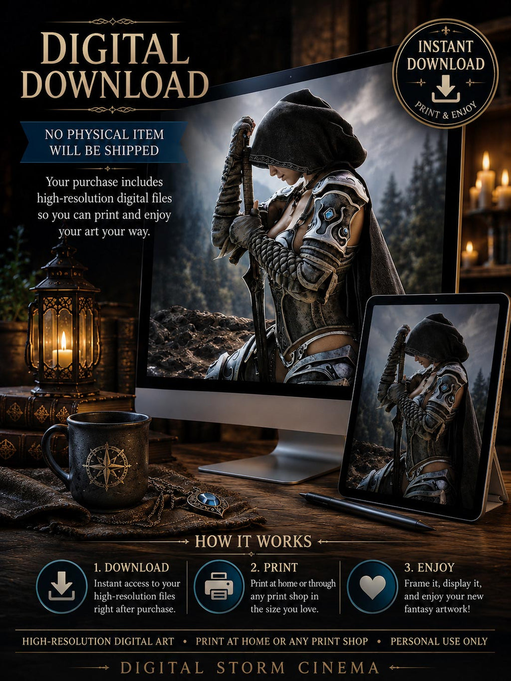 Hooded female warrior in ornate medieval armor holding a sword, high-resolution dark fantasy digital download printable wall art