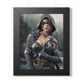 Fantasy ranger wall art featuring a hooded female warrior with face paint, ornate armor, and sword against a misty forest backdrop for fantasy decor.