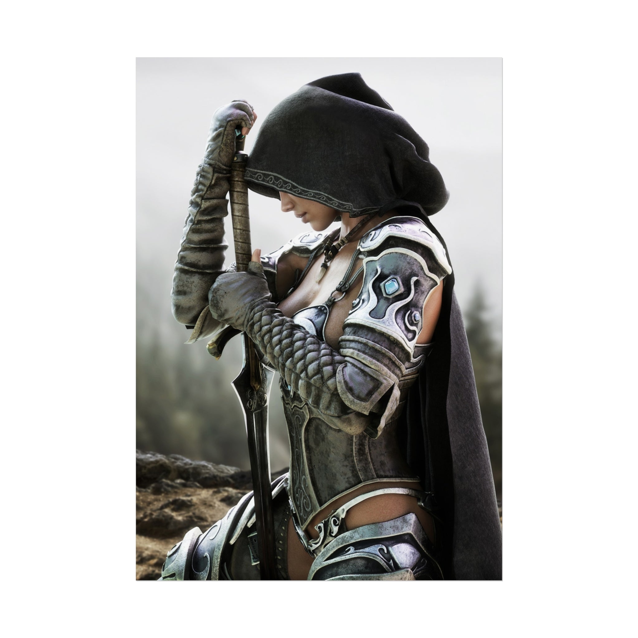 Hooded female fantasy warrior kneels with sword in hand, wearing ornate silver armor and a dark cloak against a misty wilderness backdrop.