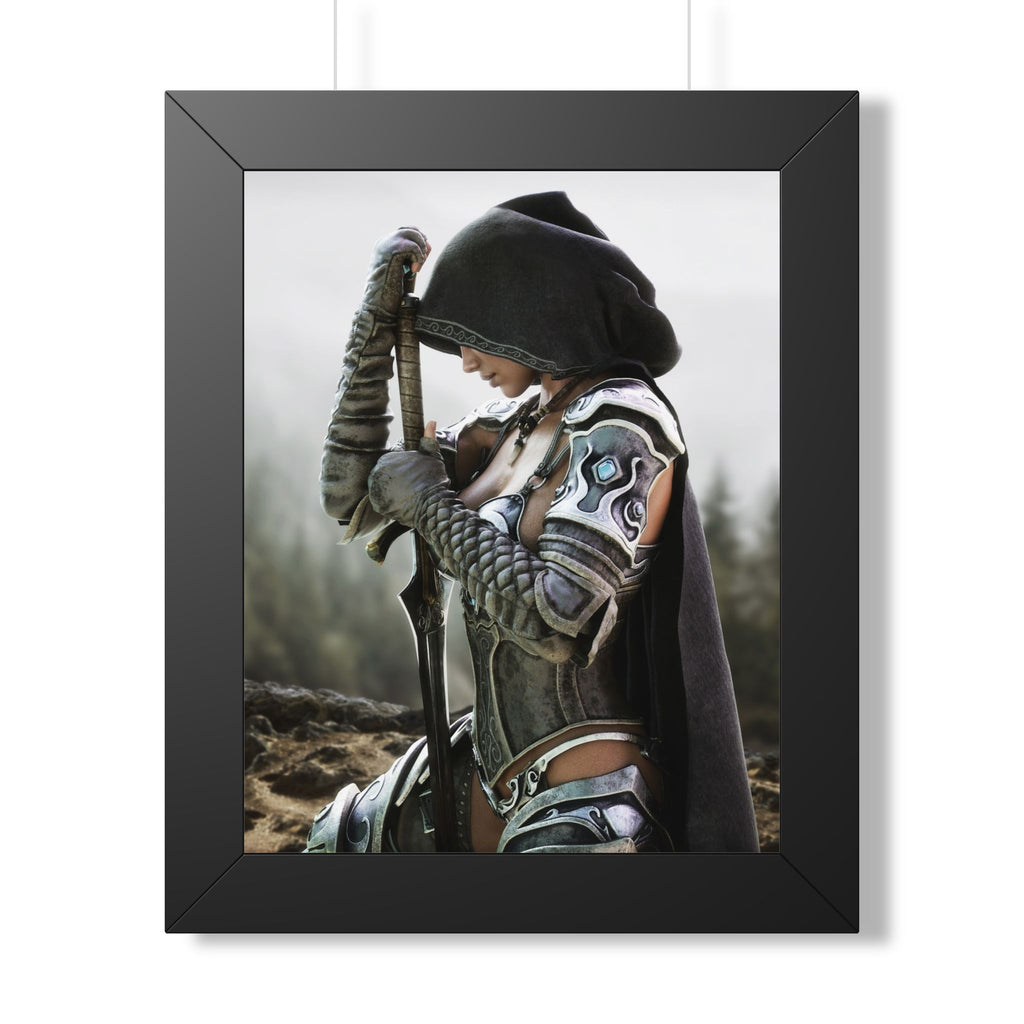 Hooded female fantasy warrior kneels with sword in hand, wearing ornate silver armor and a dark cloak against a misty wilderness backdrop.