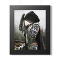 Hooded female fantasy warrior kneels with sword in hand, wearing ornate silver armor and a dark cloak against a misty wilderness backdrop.