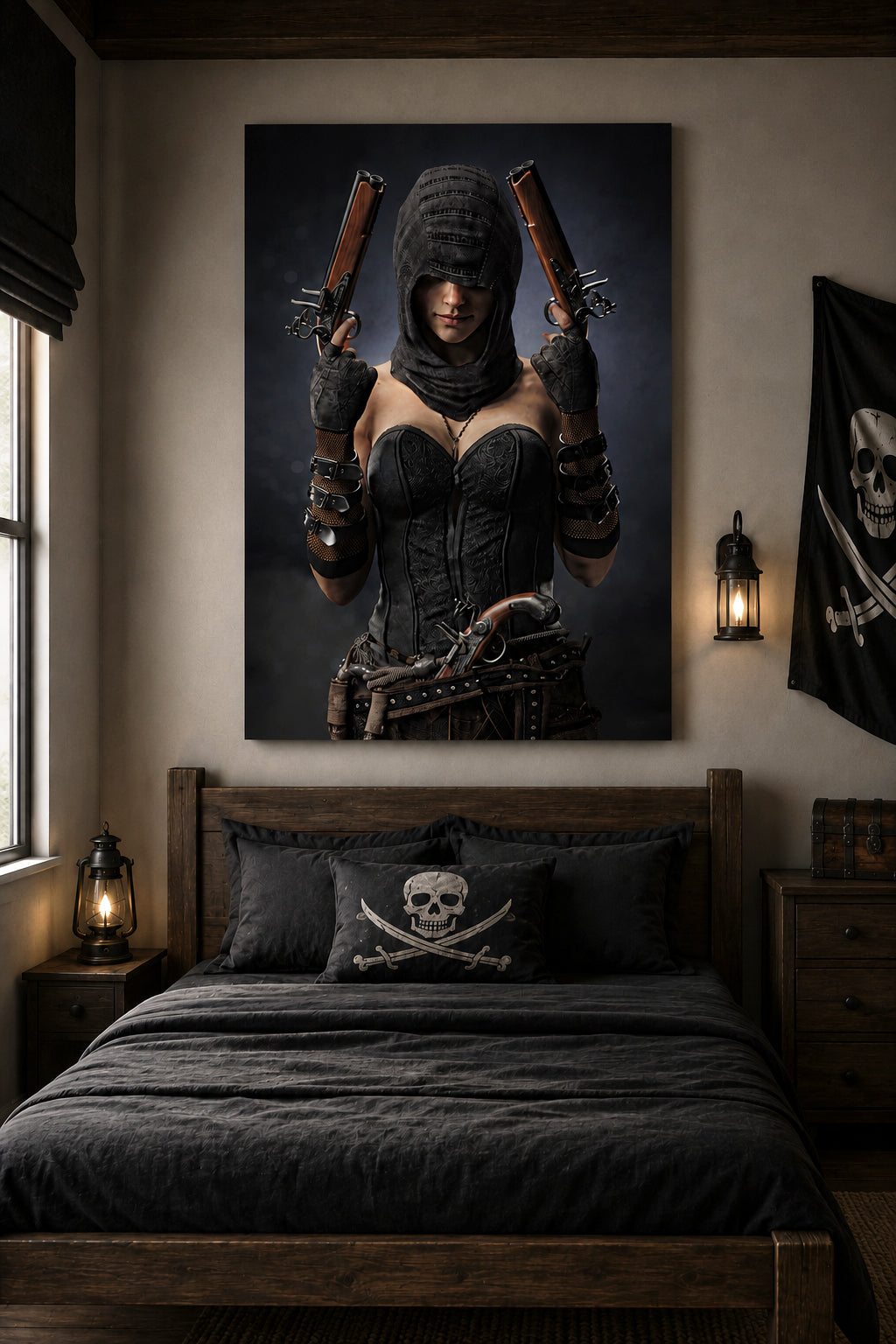 Hooded pirate assassin in dark leather attire holding twin flintlock pistols, standing in dramatic shadows with a mysterious presence.