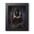 Hooded pirate assassin in dark leather attire holding twin flintlock pistols, standing in dramatic shadows with a mysterious presence.