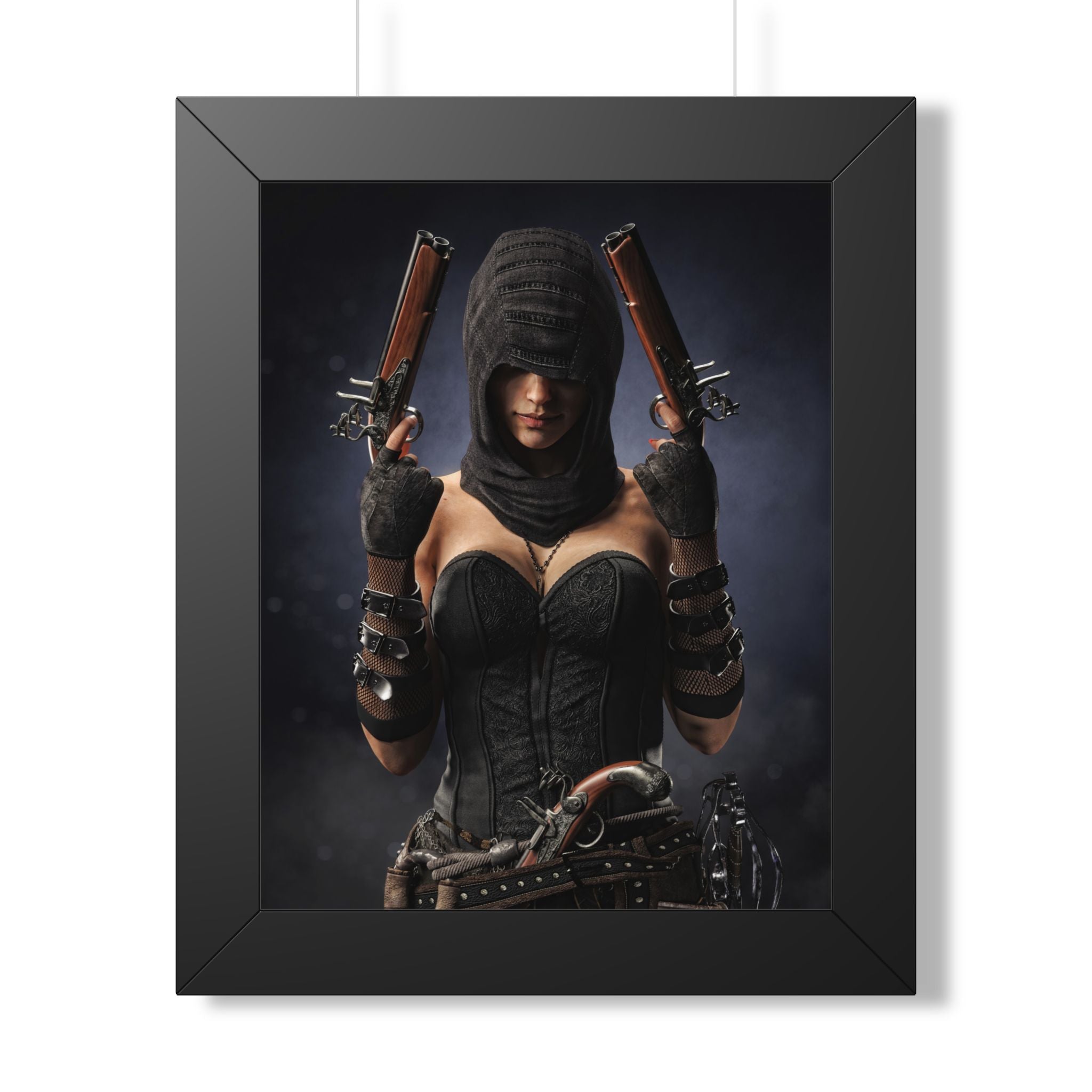 Hooded pirate assassin in dark leather attire holding twin flintlock pistols, standing in dramatic shadows with a mysterious presence.