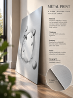 3mm aluminum DIBOND metal print showing its slim edge, matte glare-free finish, direct printing, and lightweight layered construction.