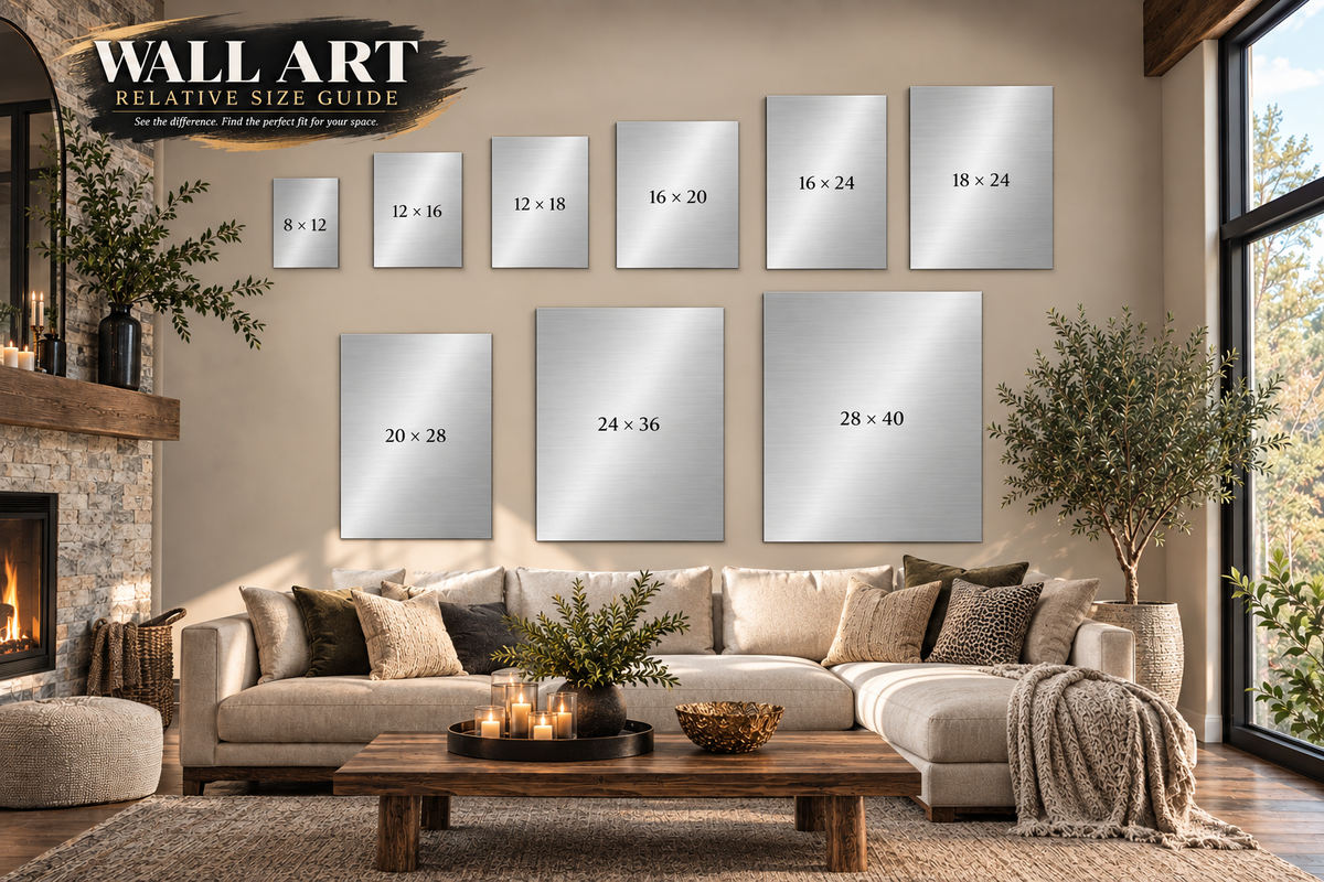 Metal wall art relative size guide showing frameless aluminum prints from 8x12 to 28x40 inches in a modern living room.
