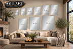 Metal wall art relative size guide showing frameless aluminum prints from 8x12 to 28x40 inches in a modern living room.