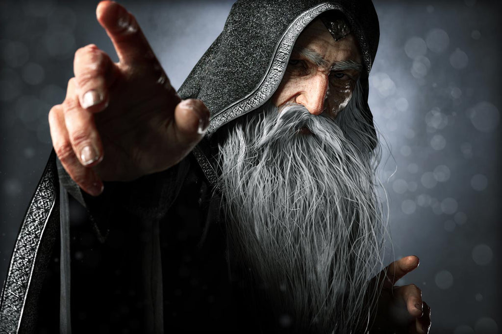 Mighty hooded wizard with long silver beard casting a spell in dark fantasy digital download artwork